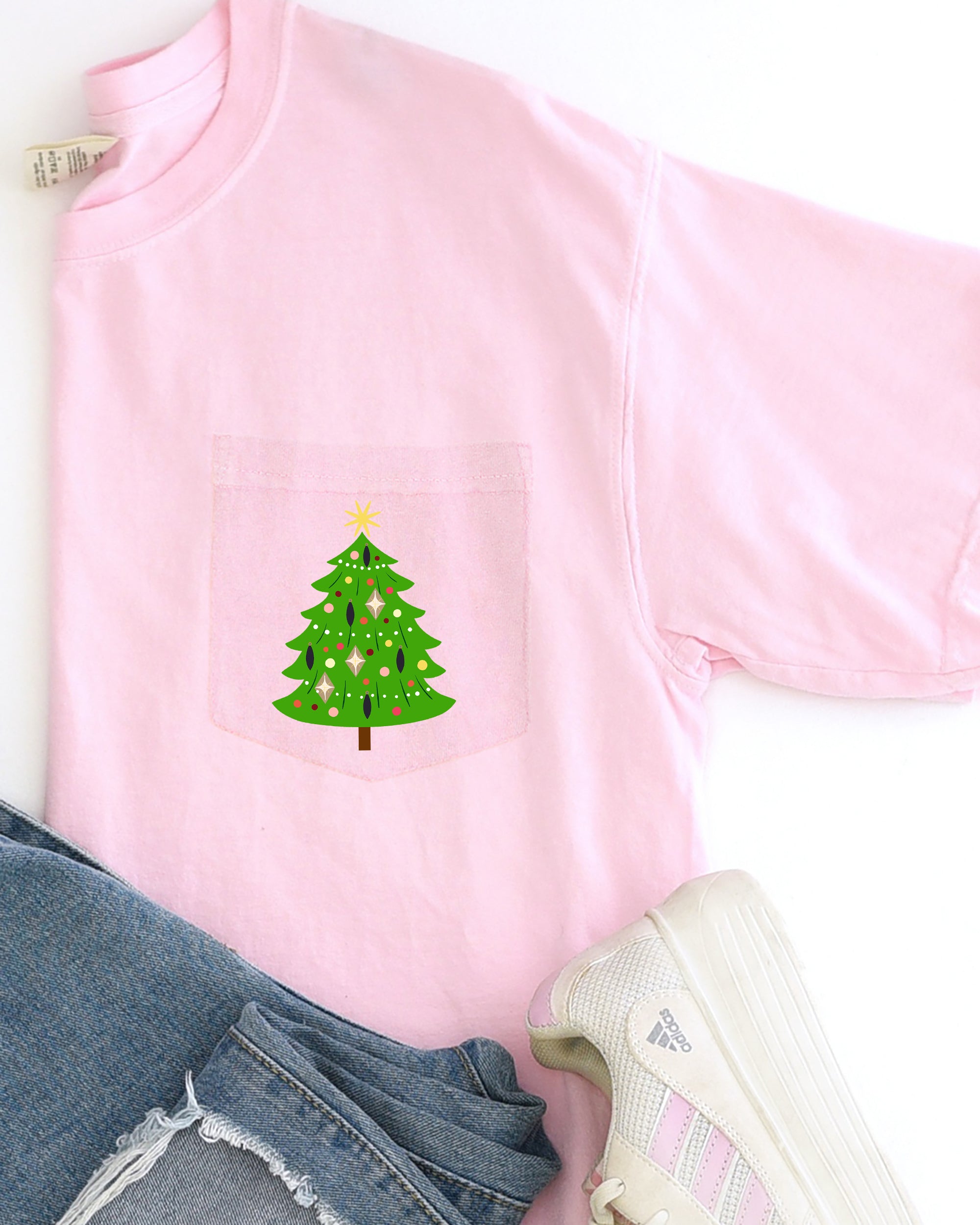 Retro Christmas Tree Pocket Santa Snow Xmas Vintage Seasonal Design Comfort Colors Tee
