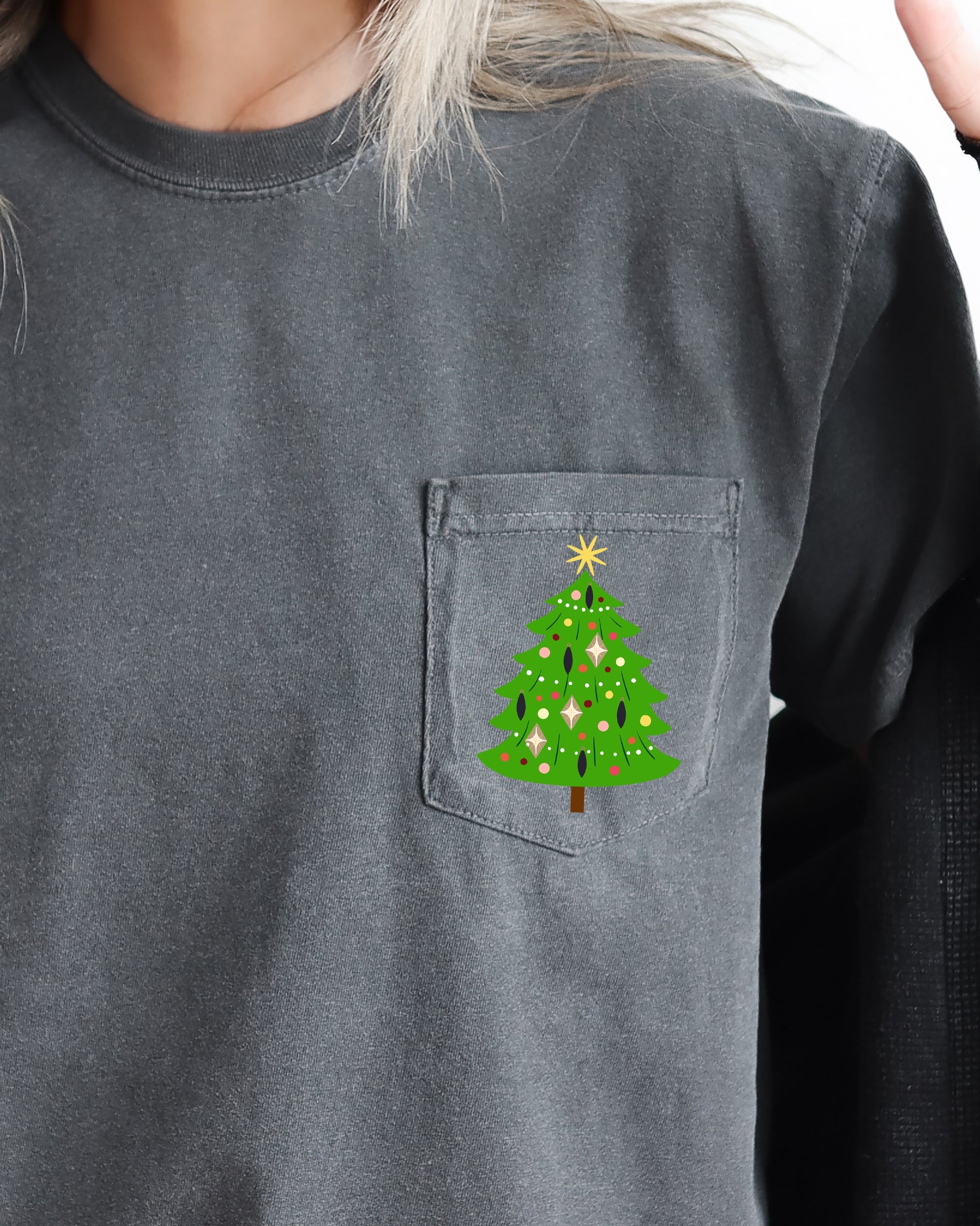 Retro Christmas Tree Pocket Santa Snow Xmas Vintage Seasonal Design Comfort Colors Tee