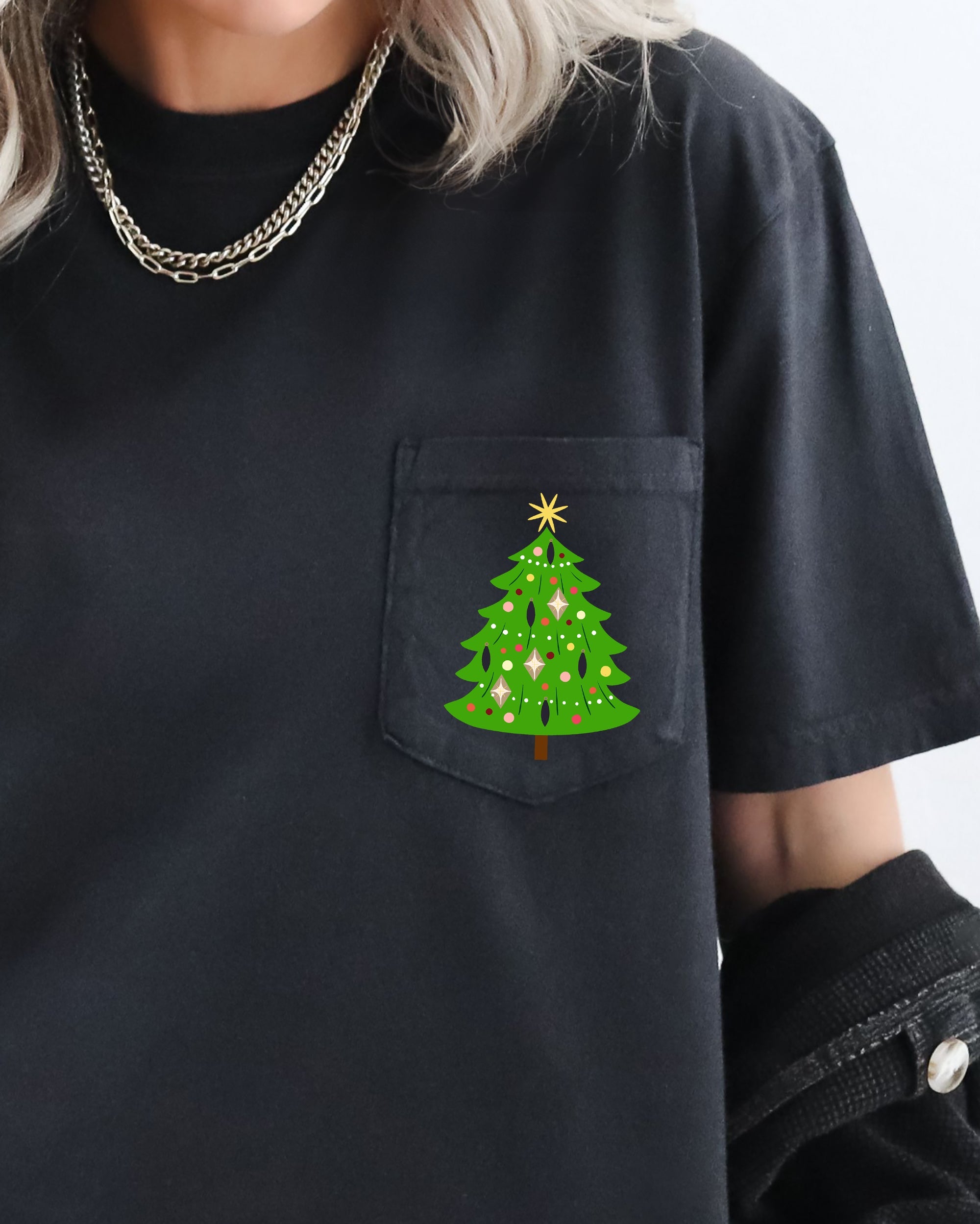 Retro Christmas Tree Pocket Santa Snow Xmas Vintage Seasonal Design Comfort Colors Tee