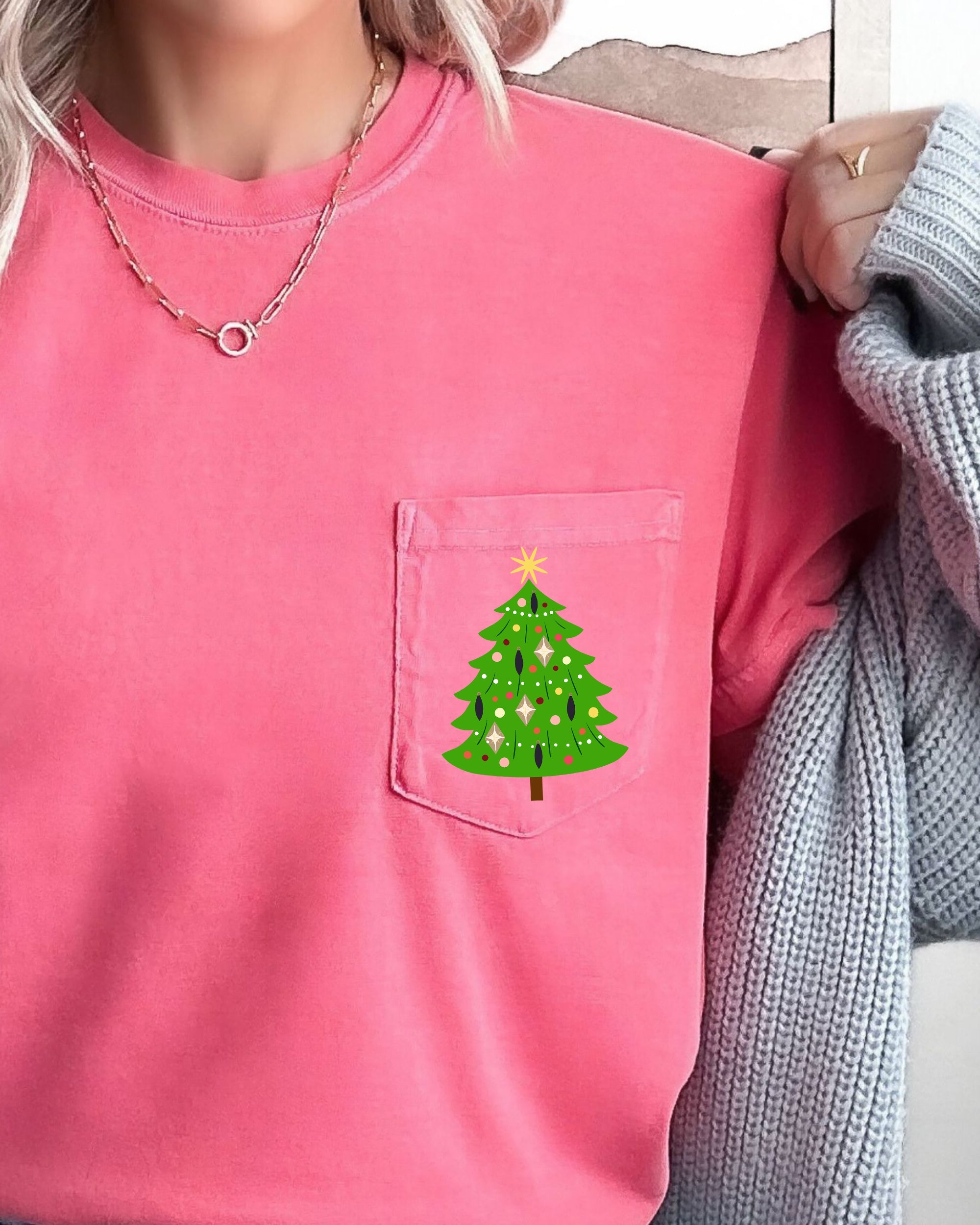 Retro Christmas Tree Pocket Santa Snow Xmas Vintage Seasonal Design Comfort Colors Tee
