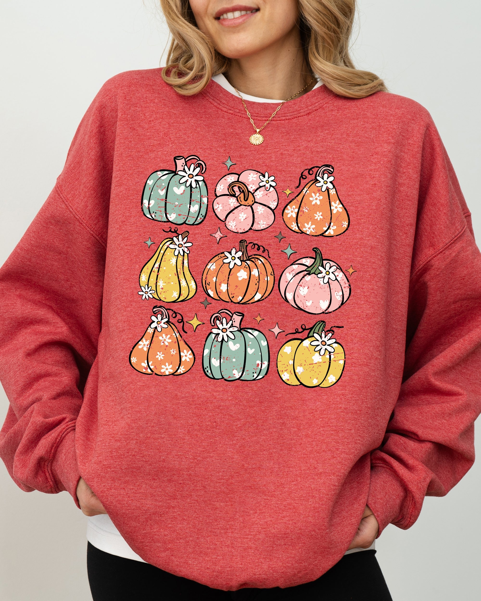 Cozy Retro Colorful Floral Pumpkins Halloween Jack-O-Lantern Fall Autumn Sweatshirt