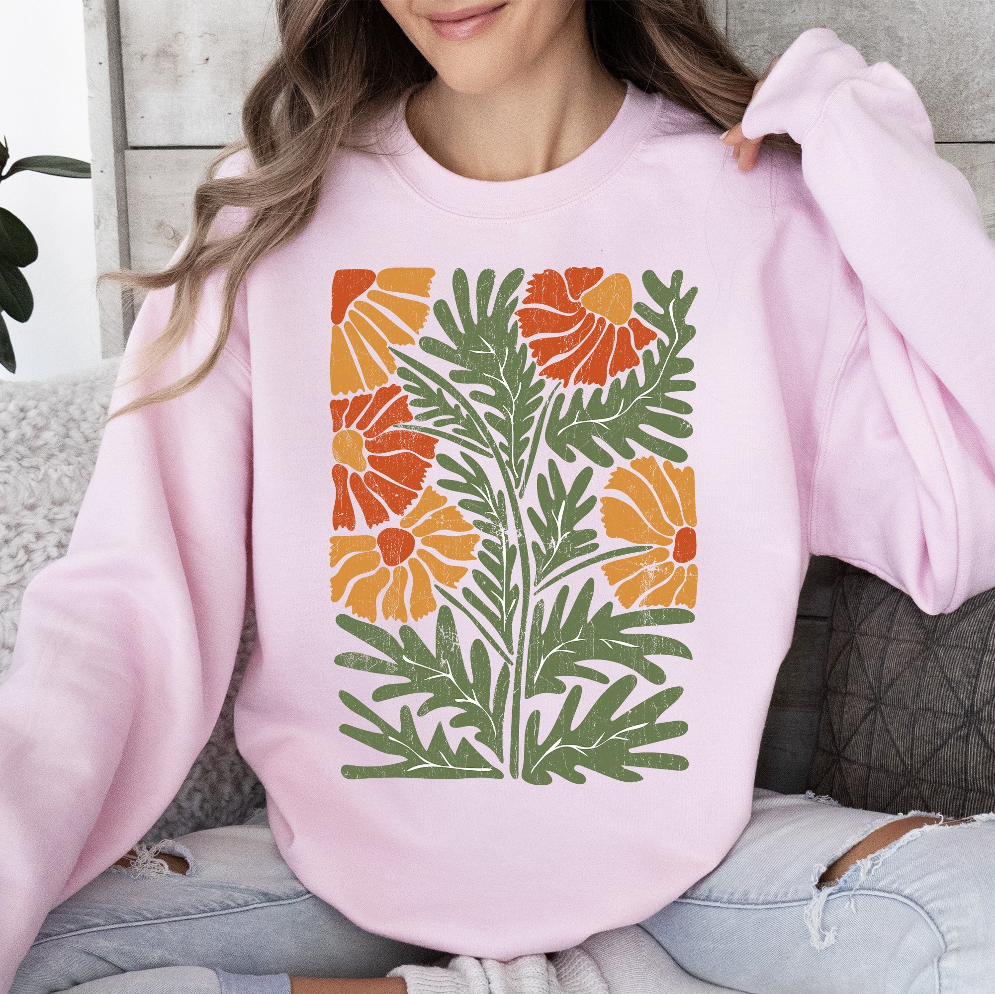 Retro Daisy Design Vintage Floral Garden Theme Botanical Illustration Textured Motif Sweatshirt