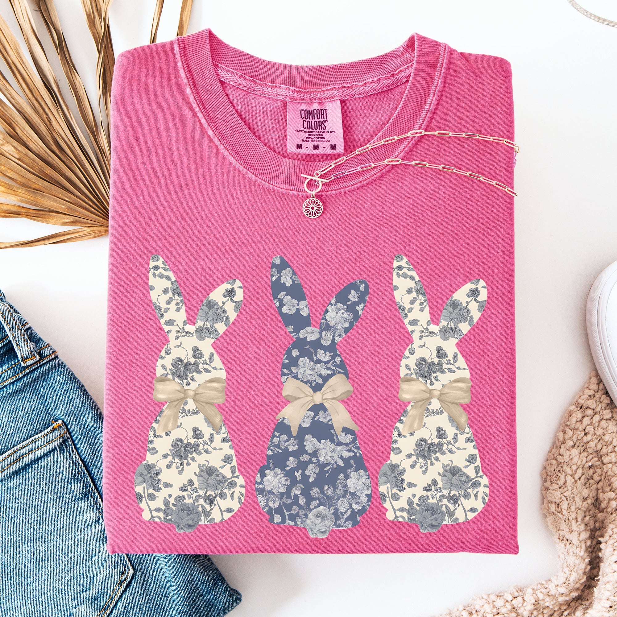 Retro Easter Bunnies Girly Chinoiserie Patterns Rabbits Line Art Comfort Colors Tee