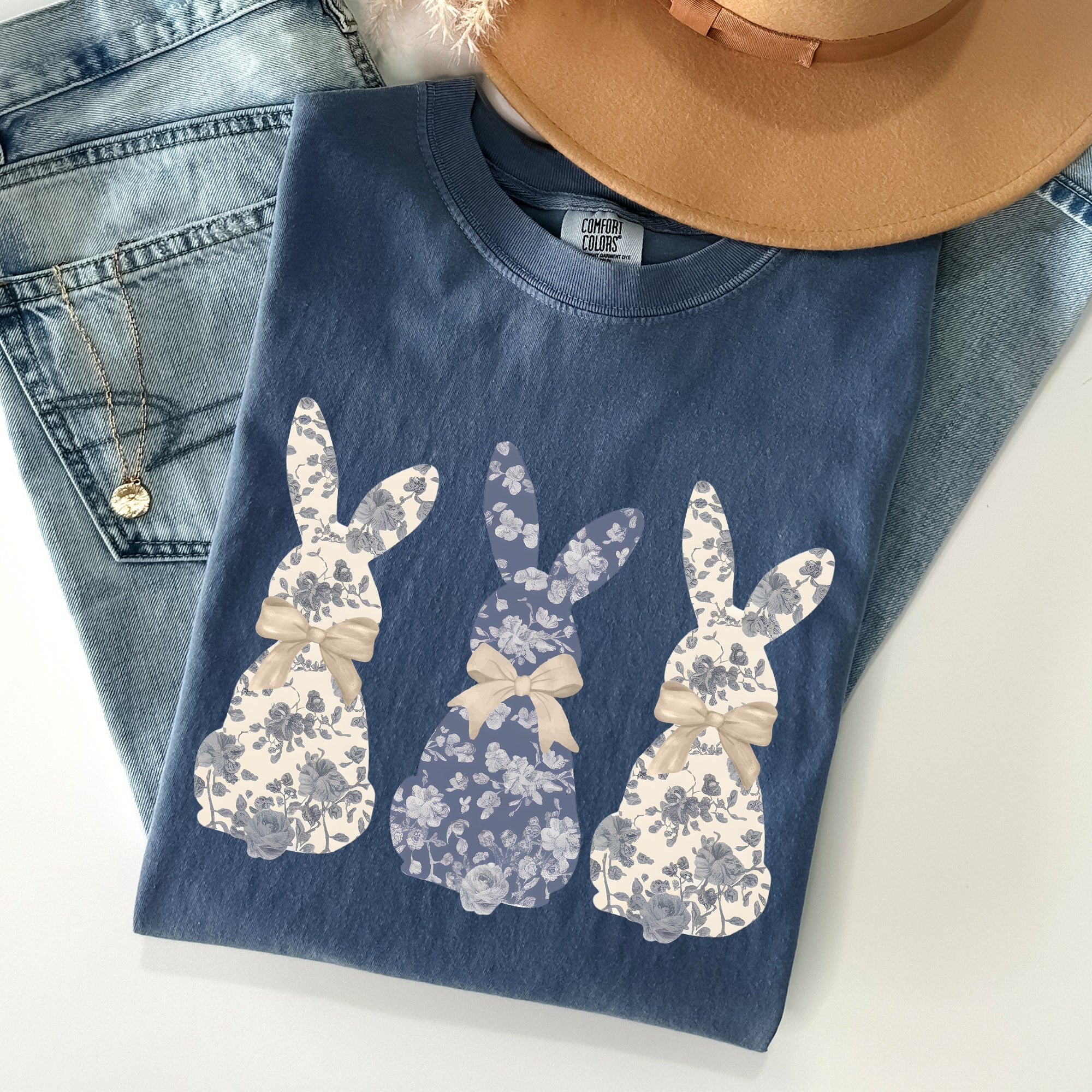 Retro Easter Bunnies Girly Chinoiserie Patterns Rabbits Line Art Comfort Colors Tee