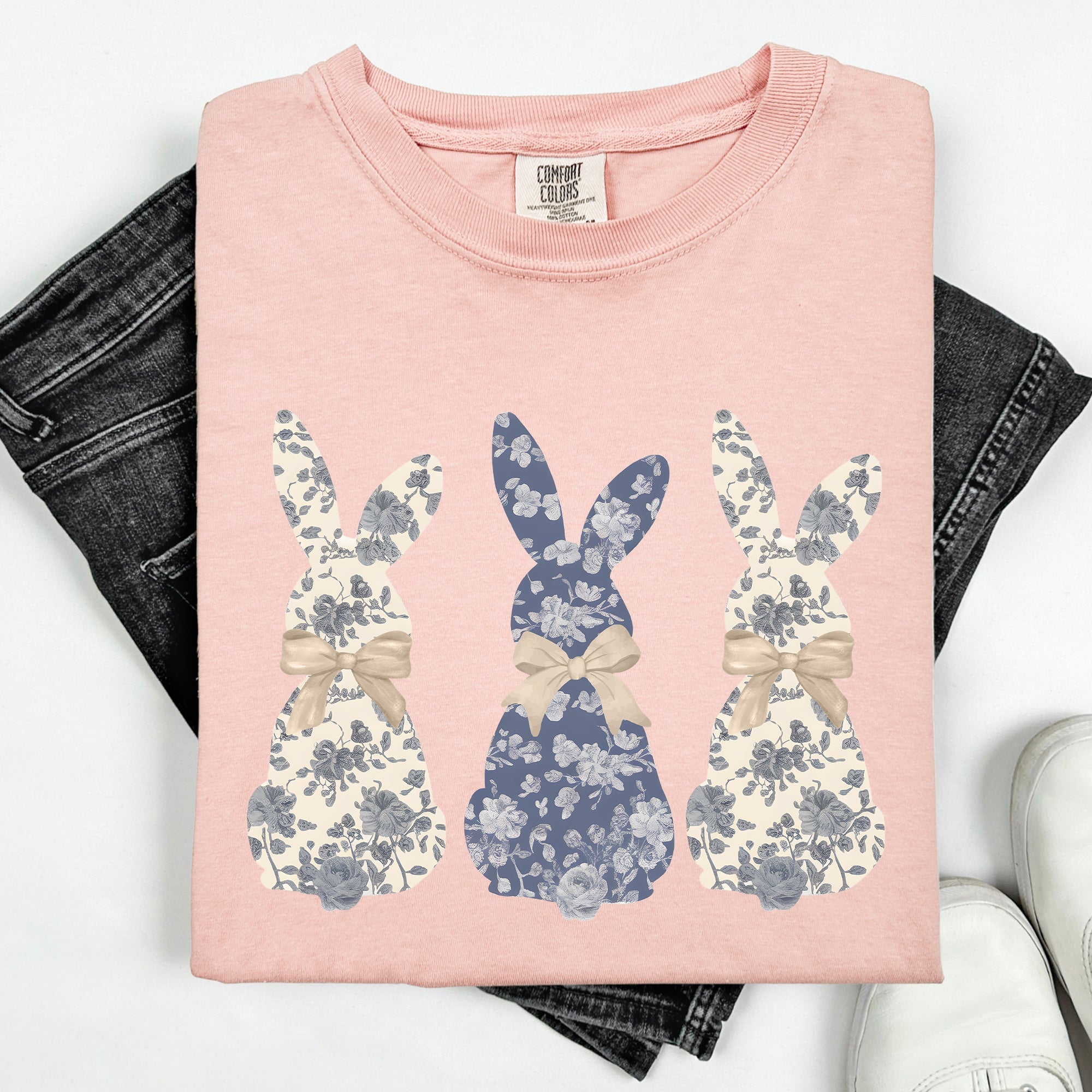 Retro Easter Bunnies Girly Chinoiserie Patterns Rabbits Line Art Comfort Colors Tee