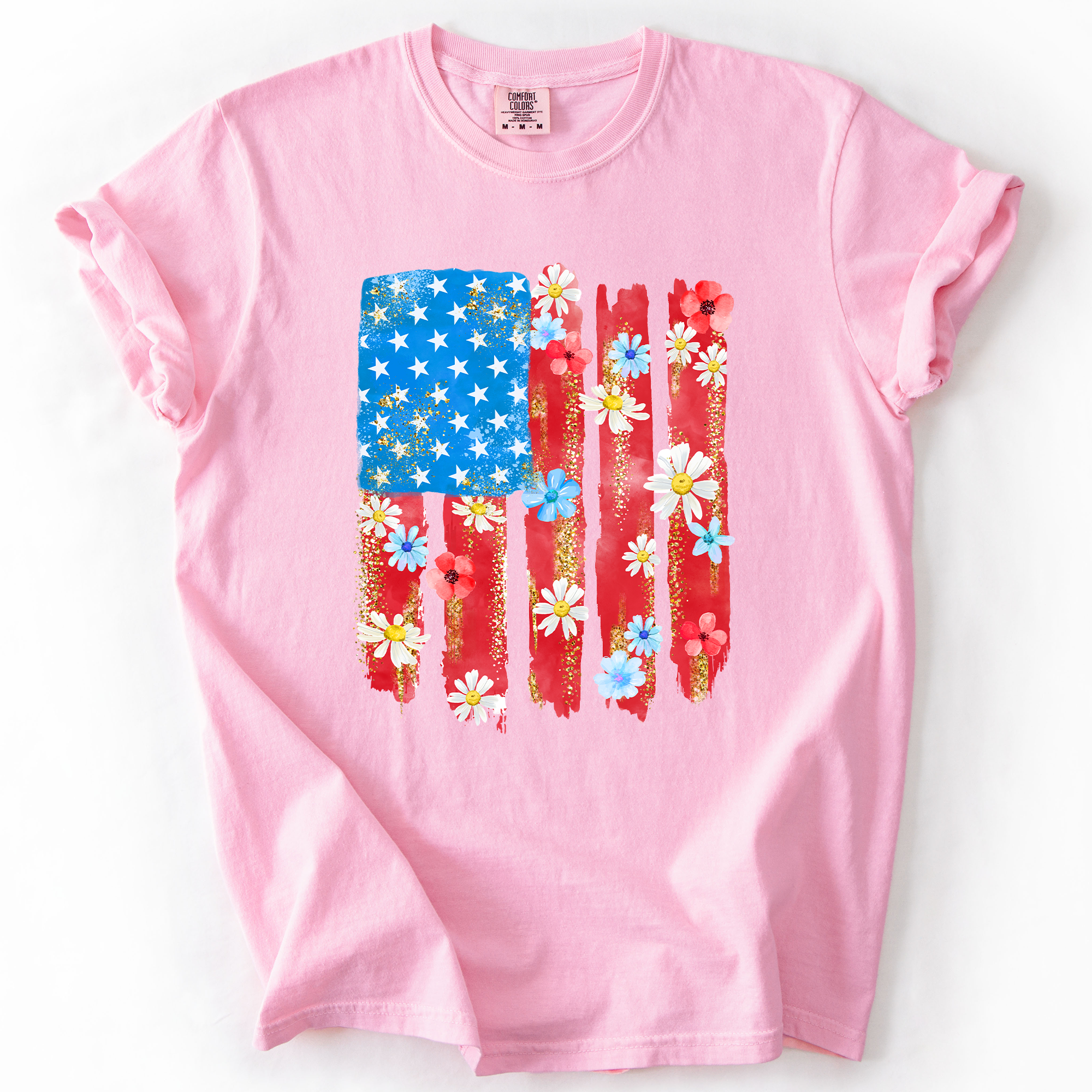 Retro Flower Flag Fourth Of July America Patriotic USA Floral Design Comfort Colors Tee