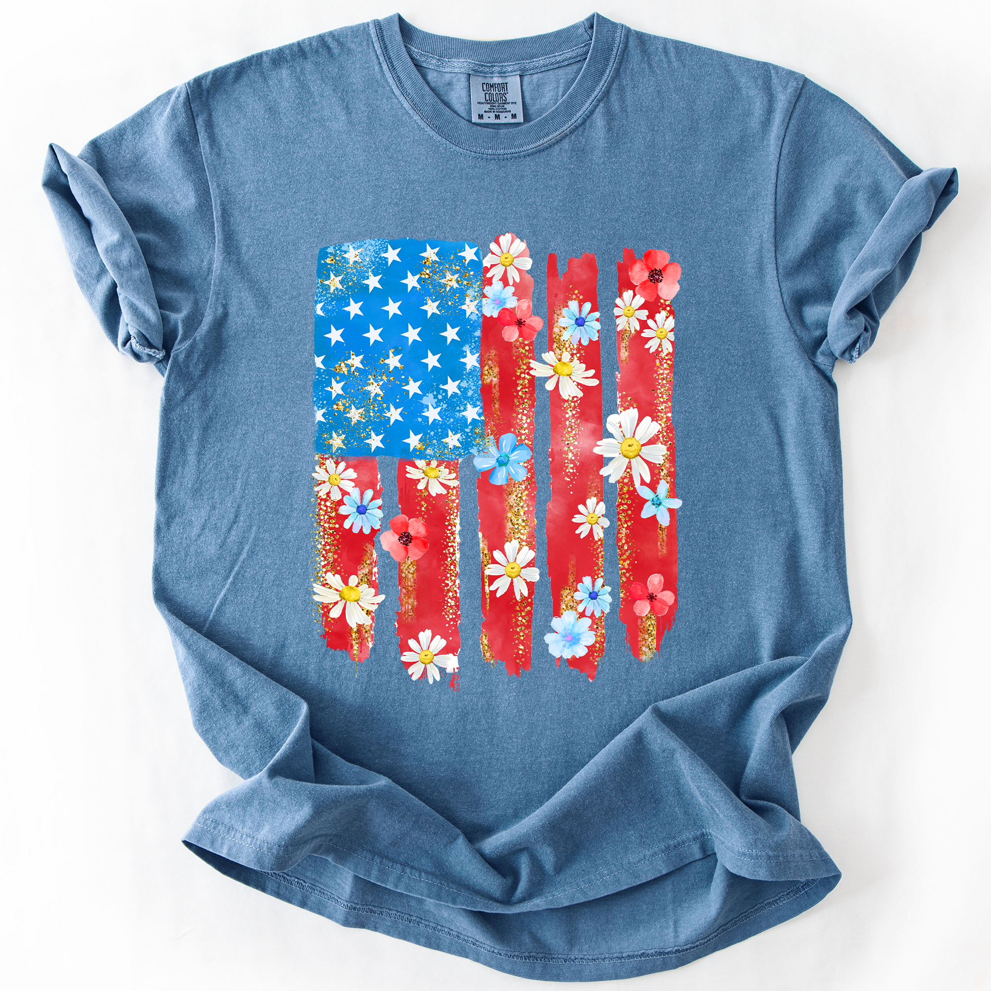 Retro Flower Flag Fourth Of July America Patriotic USA Floral Design Comfort Colors Tee