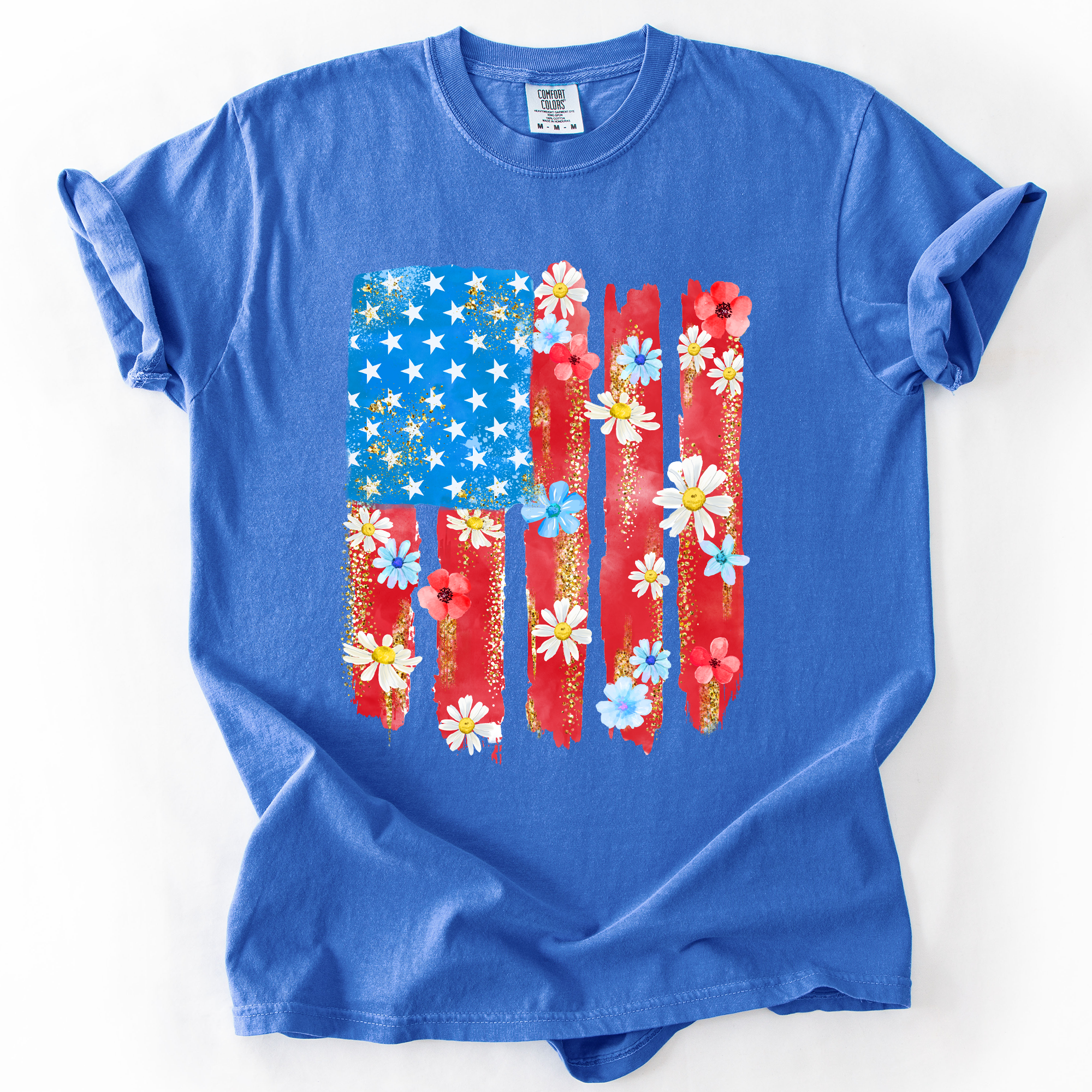 Retro Flower Flag Fourth Of July America Patriotic USA Floral Design Comfort Colors Tee