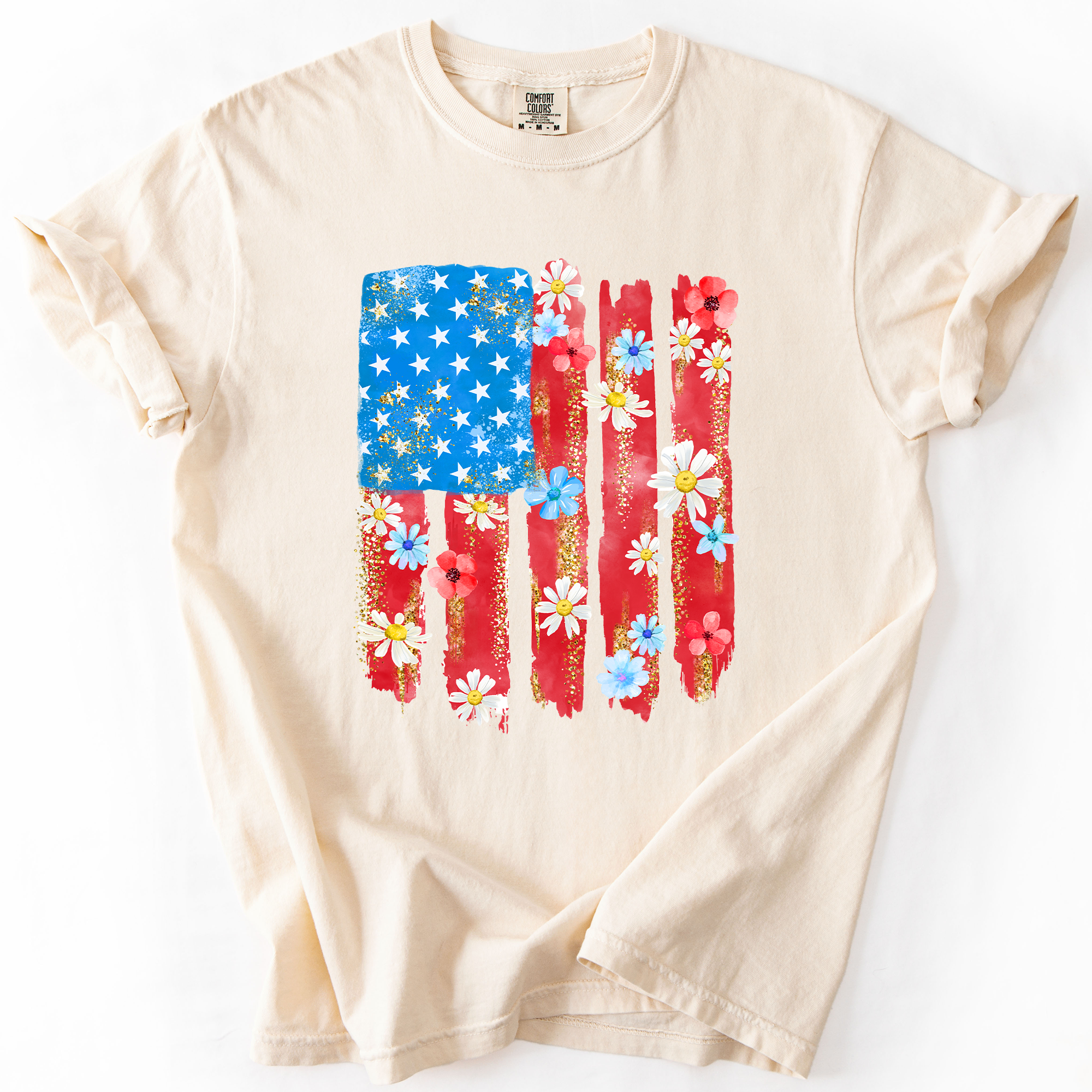 Retro Flower Flag Fourth Of July America Patriotic USA Floral Design Comfort Colors Tee