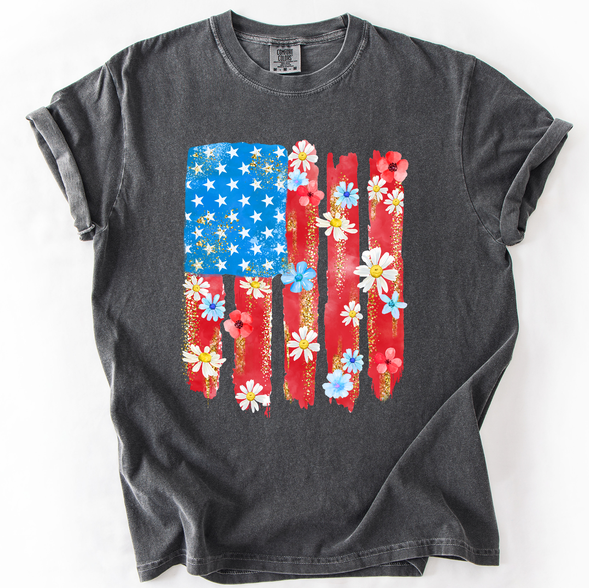 Retro Flower Flag Fourth Of July America Patriotic USA Floral Design Comfort Colors Tee