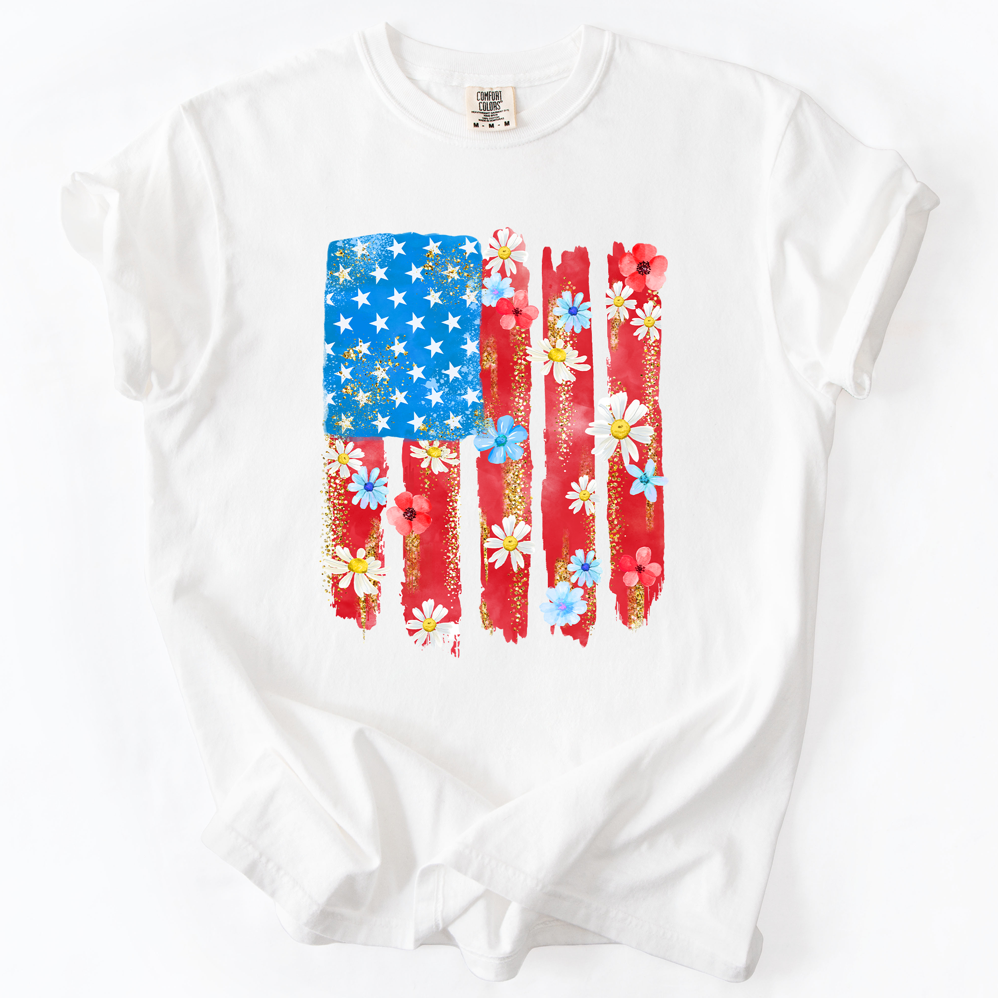 Retro Flower Flag Fourth Of July America Patriotic USA Floral Design Comfort Colors Tee