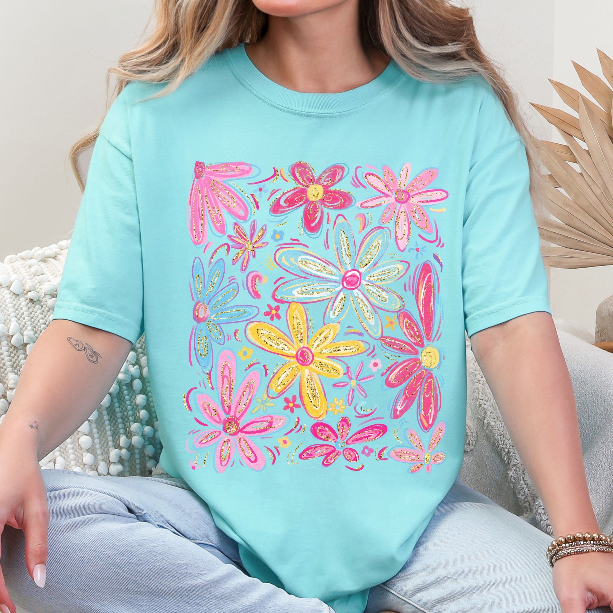 Retro Flowers Beautiful Bright Colorful Pastels Vintage Floral Pattern Inspired By Sunset Palette Comfort Colors Tee