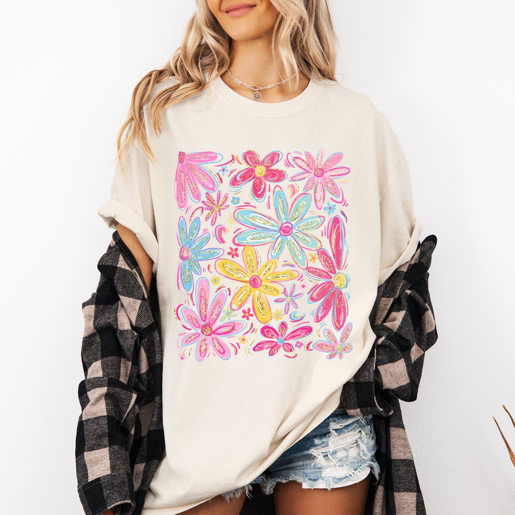 Retro Flowers Beautiful Bright Colorful Pastels Vintage Floral Pattern Inspired By Sunset Palette Comfort Colors Tee