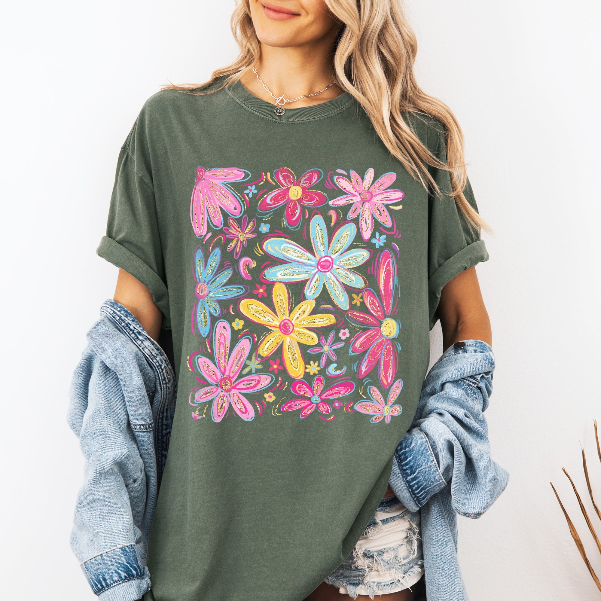 Retro Flowers Beautiful Bright Colorful Pastels Vintage Floral Pattern Inspired By Sunset Palette Comfort Colors Tee