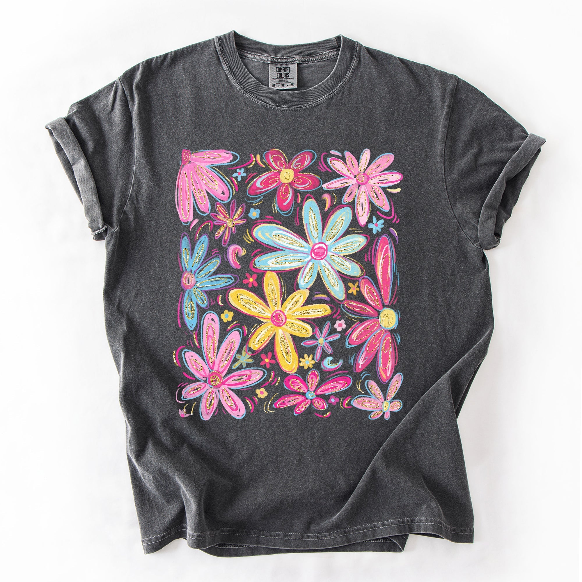 Retro Flowers Beautiful Bright Colorful Pastels Vintage Floral Pattern Inspired By Sunset Palette Comfort Colors Tee