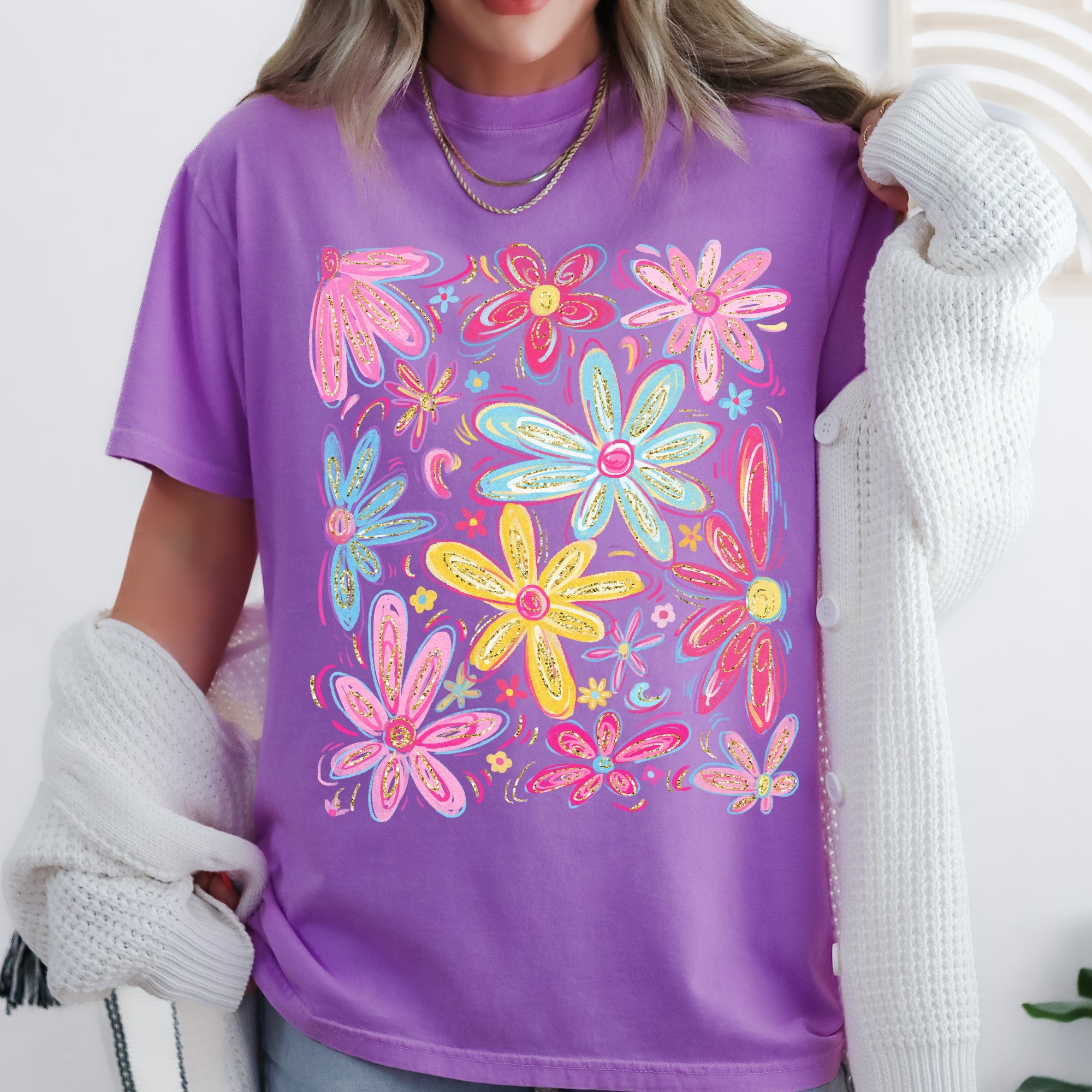 Retro Flowers Beautiful Bright Colorful Pastels Vintage Floral Pattern Inspired By Sunset Palette Comfort Colors Tee