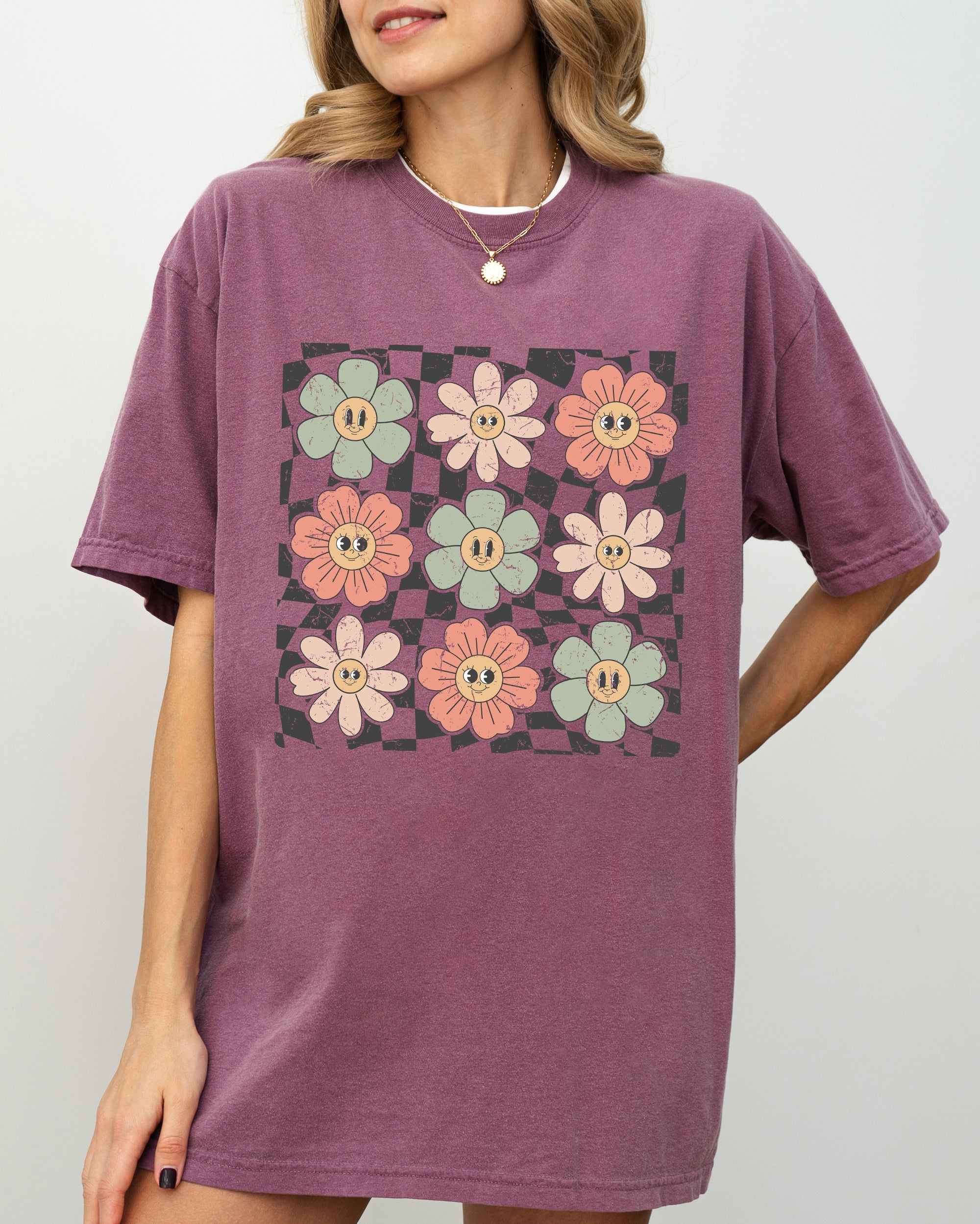 Retro Flowers Checkered Daisies Hippie Positivity Vintage Inspired Comfort Colors Tee