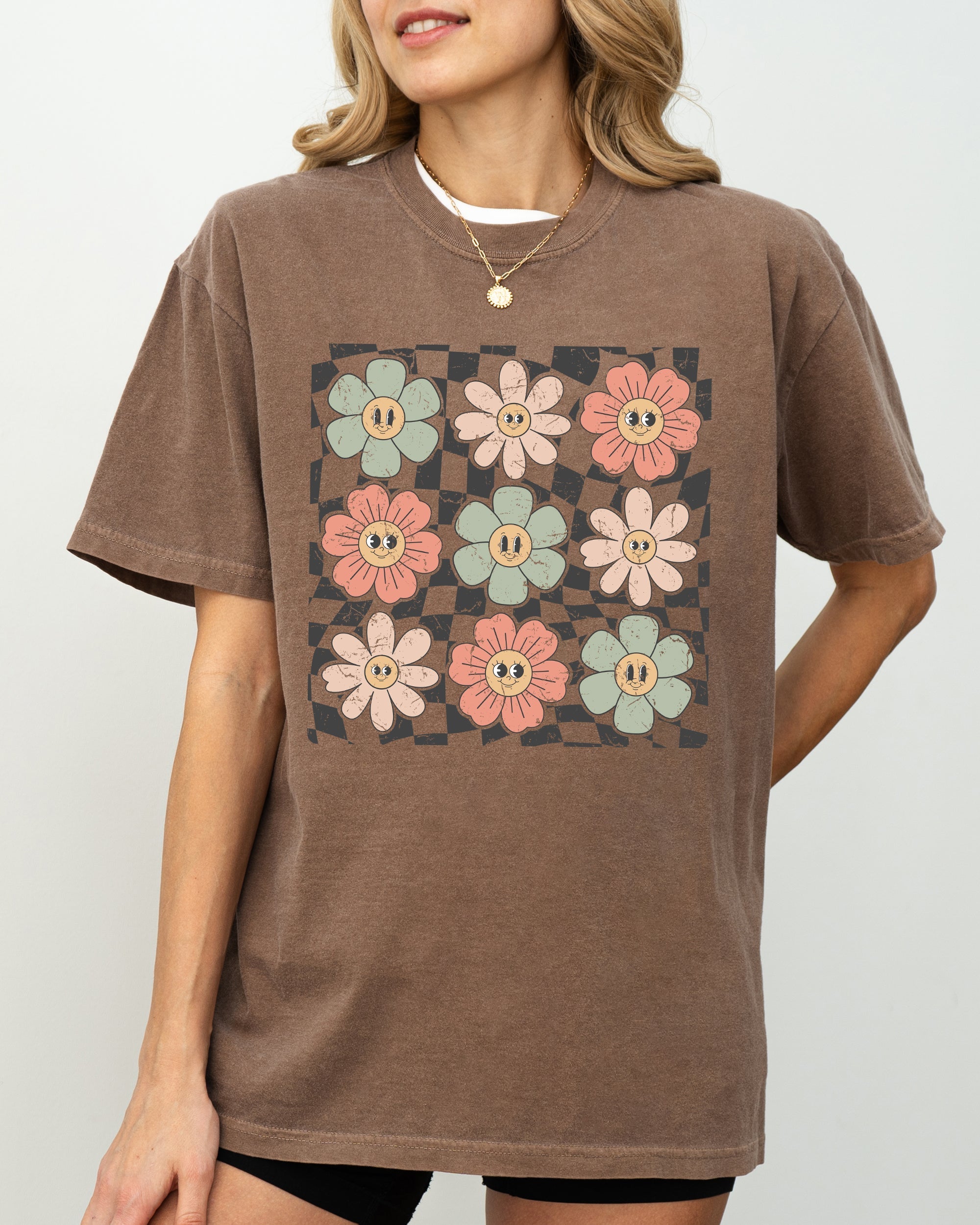 Retro Flowers Checkered Daisies Hippie Positivity Vintage Inspired Comfort Colors Tee