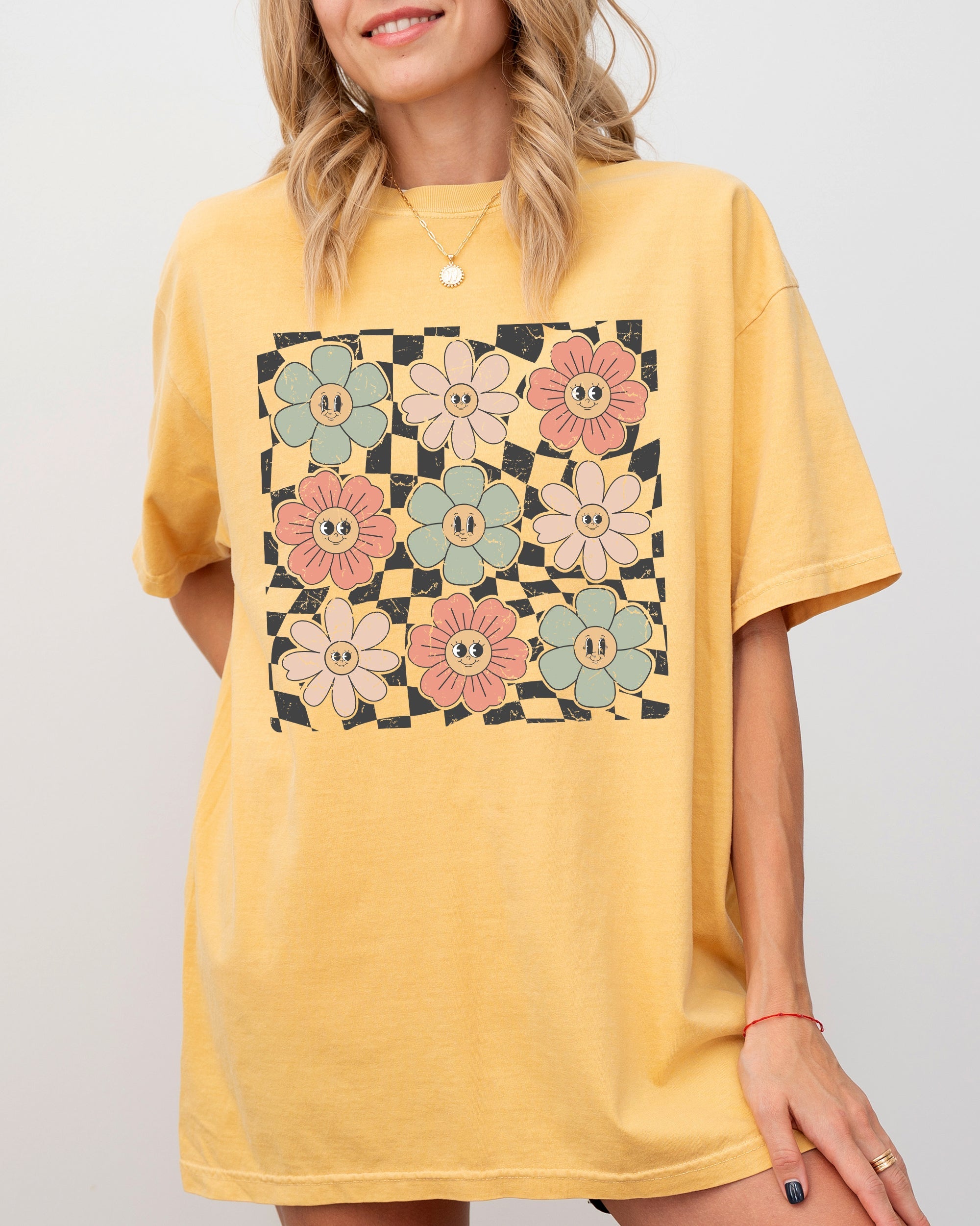 Retro Flowers Checkered Daisies Hippie Positivity Vintage Inspired Comfort Colors Tee