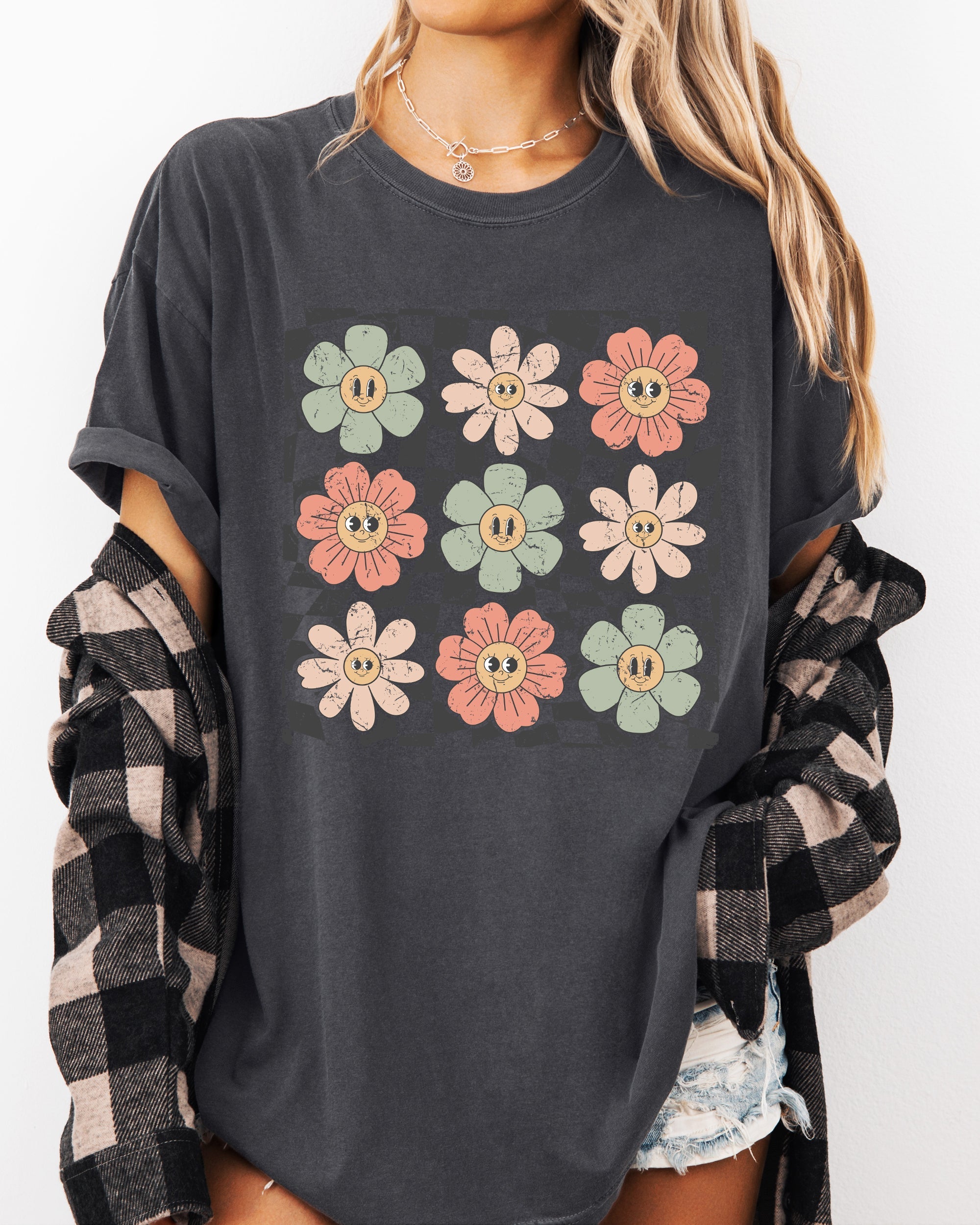 Retro Flowers Checkered Daisies Hippie Positivity Vintage Inspired Comfort Colors Tee