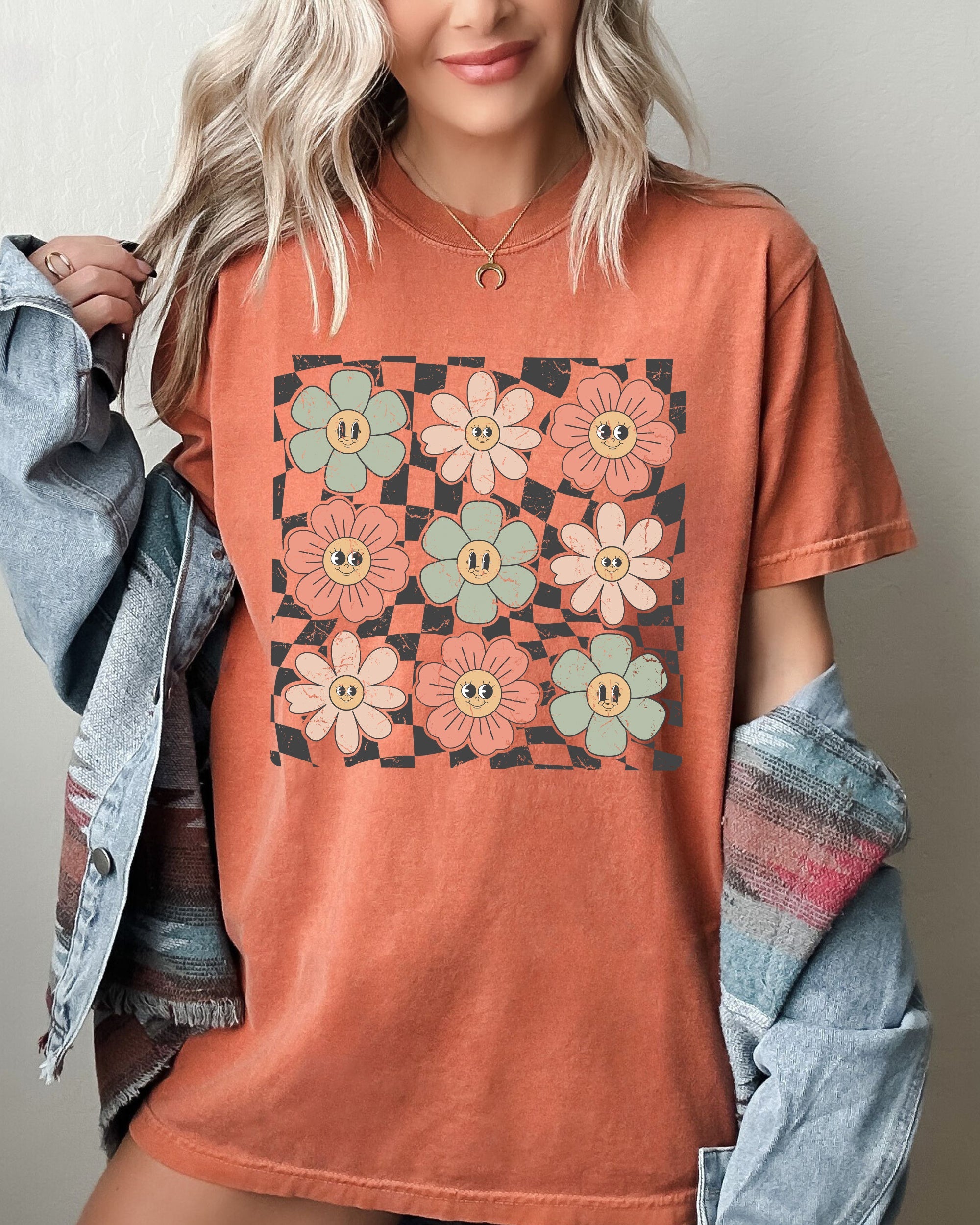 Retro Flowers Checkered Daisies Hippie Positivity Vintage Inspired Comfort Colors Tee