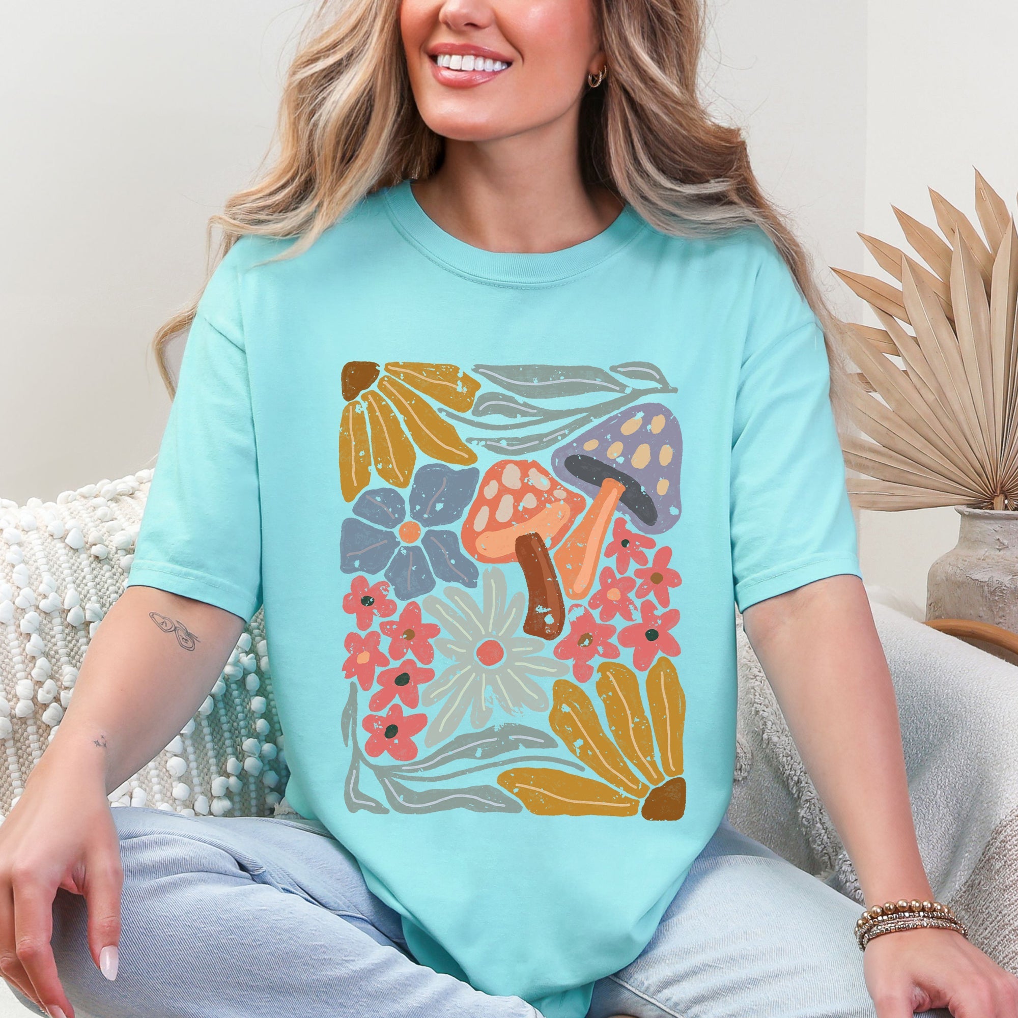 Retro Flowers Mushrooms Floral Vintage Print Nostalgia Theme Edition Comfort Colors Tee