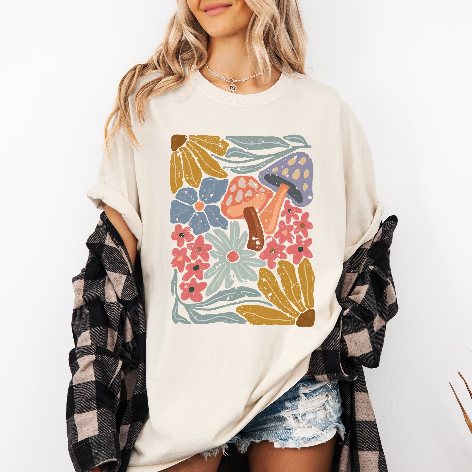 Retro Flowers Mushrooms Floral Vintage Print Nostalgia Theme Edition Comfort Colors Tee