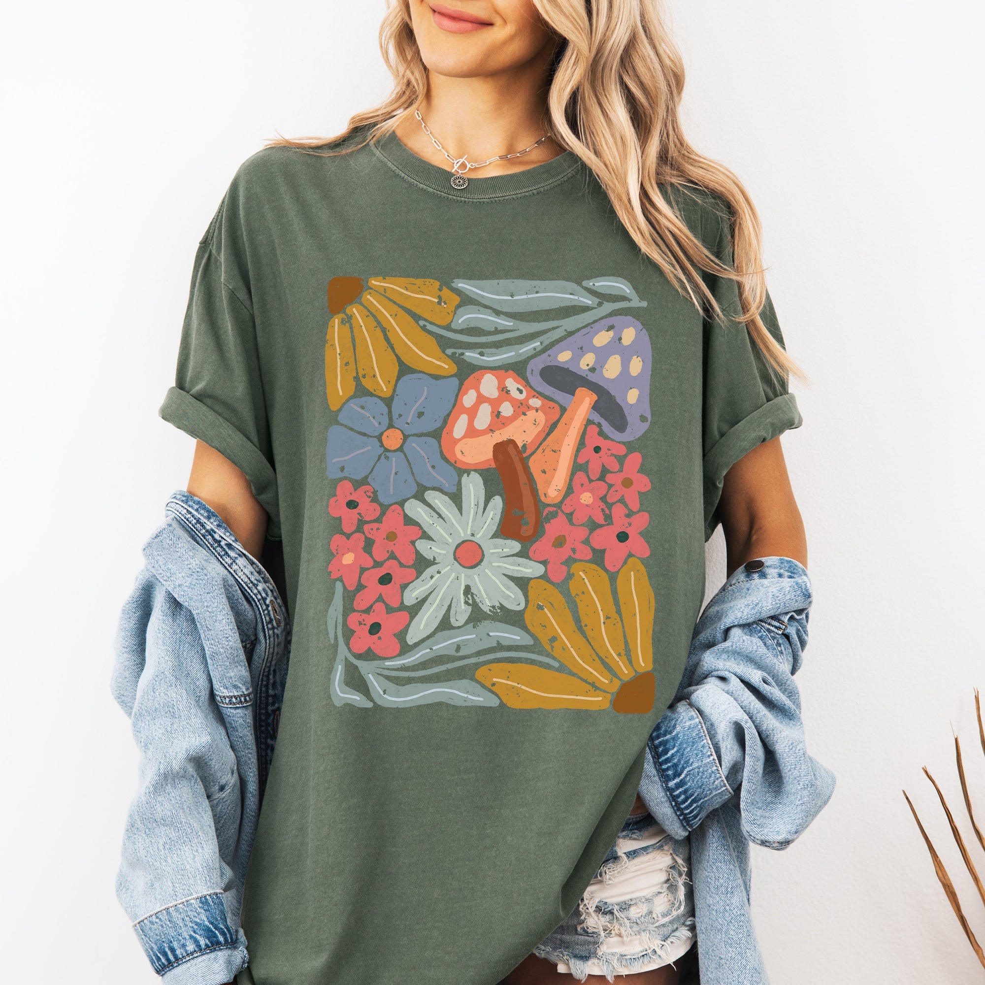 Retro Flowers Mushrooms Floral Vintage Print Nostalgia Theme Edition Comfort Colors Tee