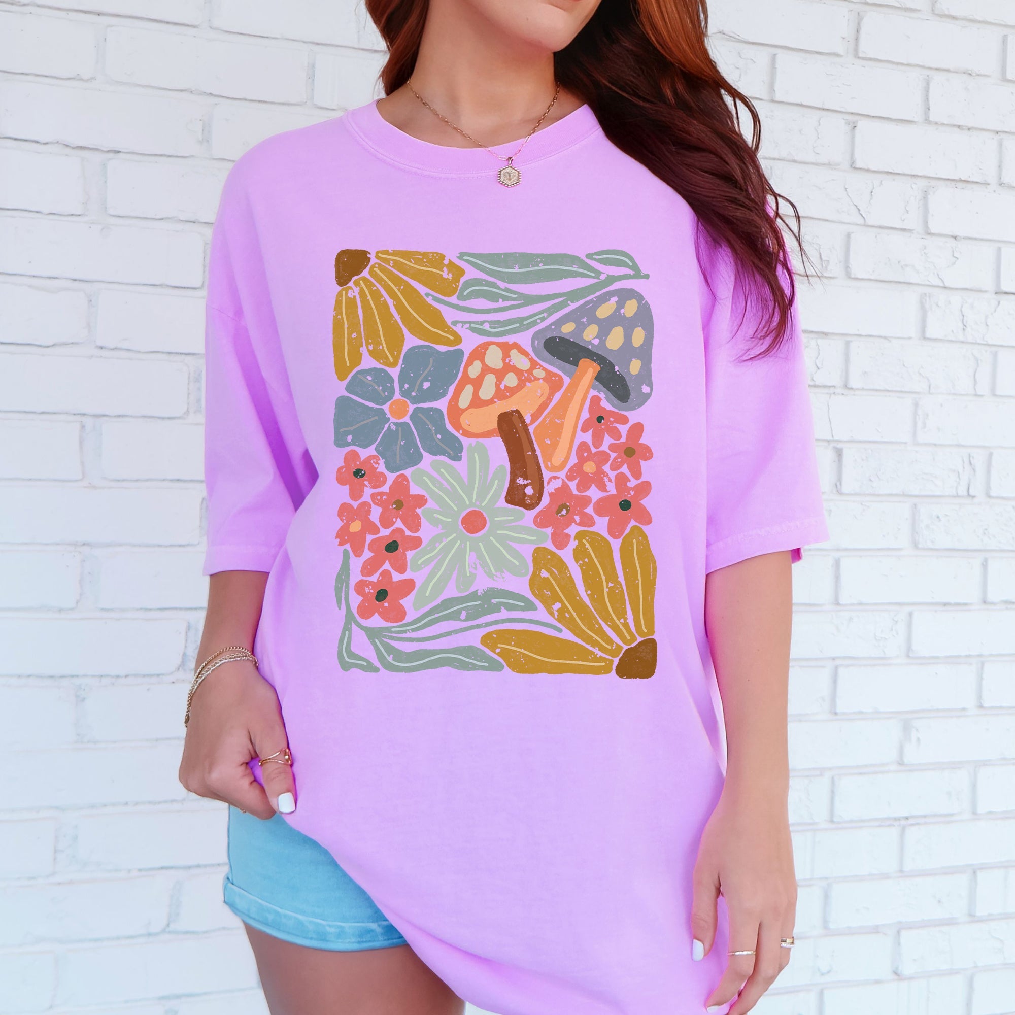 Retro Flowers Mushrooms Floral Vintage Print Nostalgia Theme Edition Comfort Colors Tee