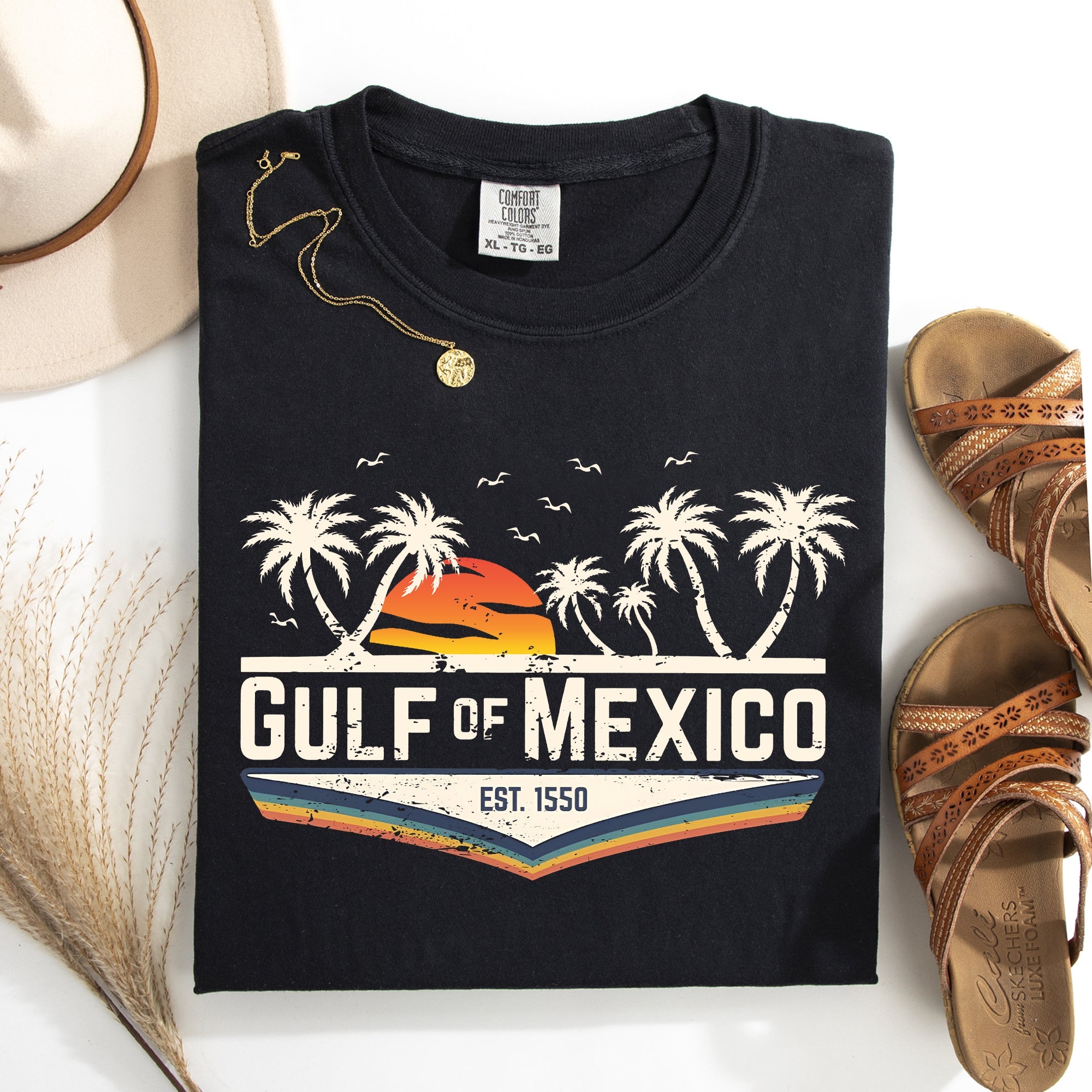 Retro Gulf of Mexico Vintage Established 1550 Birds Beach Palm Trees Comfort Colors Tee