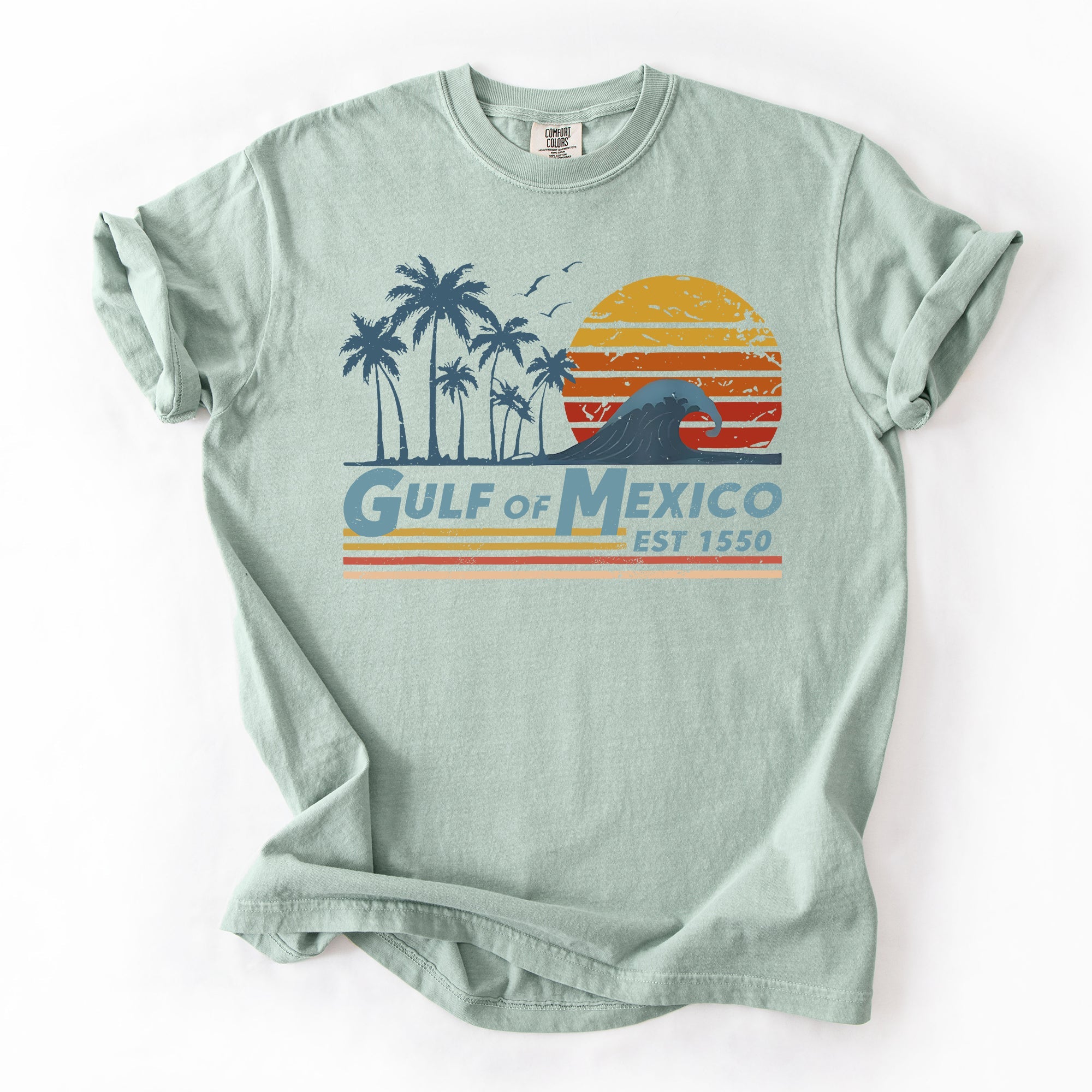 Retro Gulf Of Mexico Vintage Established 1550 Wave Beach Palm Trees Comfort Colors Tee