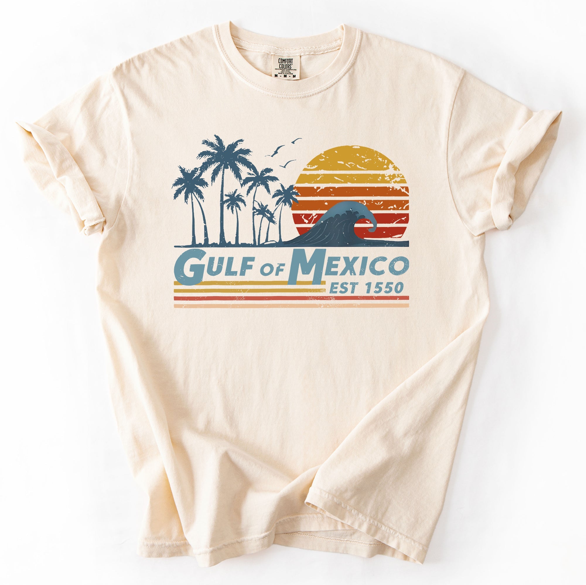 Retro Gulf Of Mexico Vintage Established 1550 Wave Beach Palm Trees Comfort Colors Tee