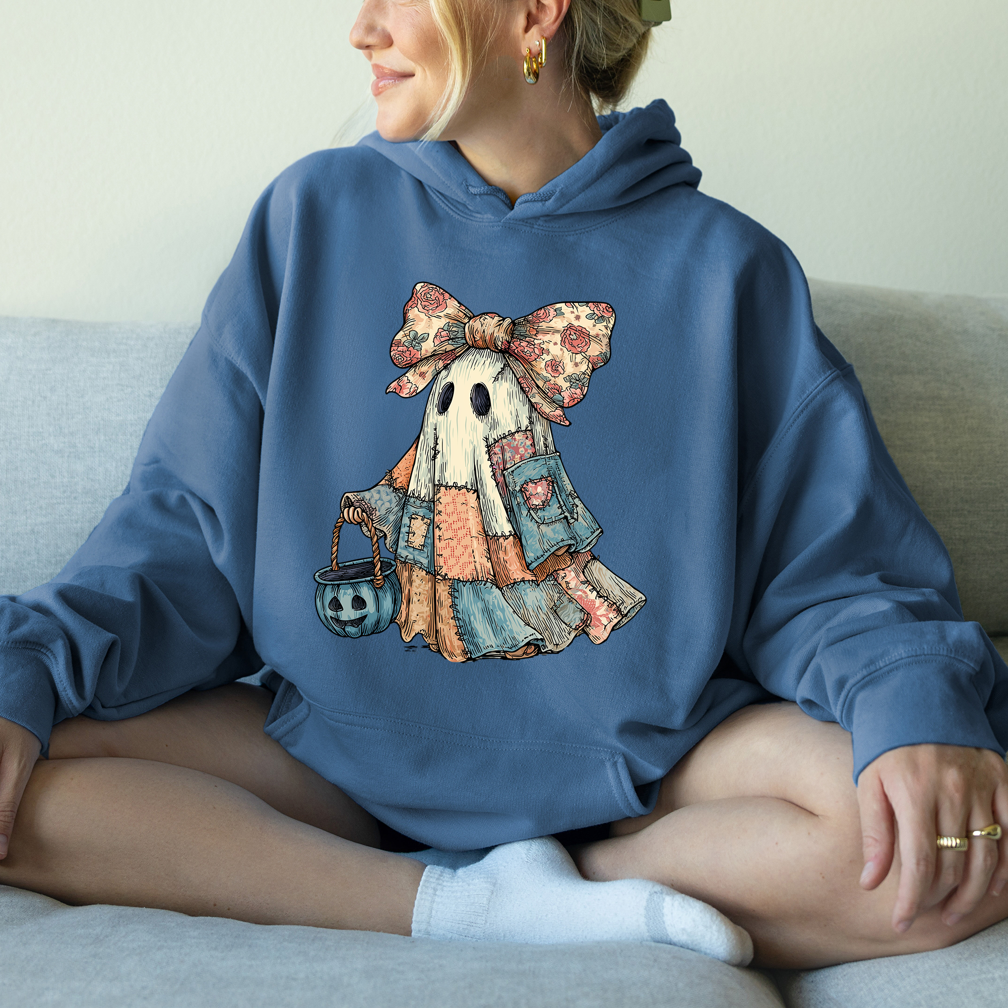 Retro Halloween Faux Denim Ghost Patchwork Spooky Ghost Coquette Hooded Sweatshirt