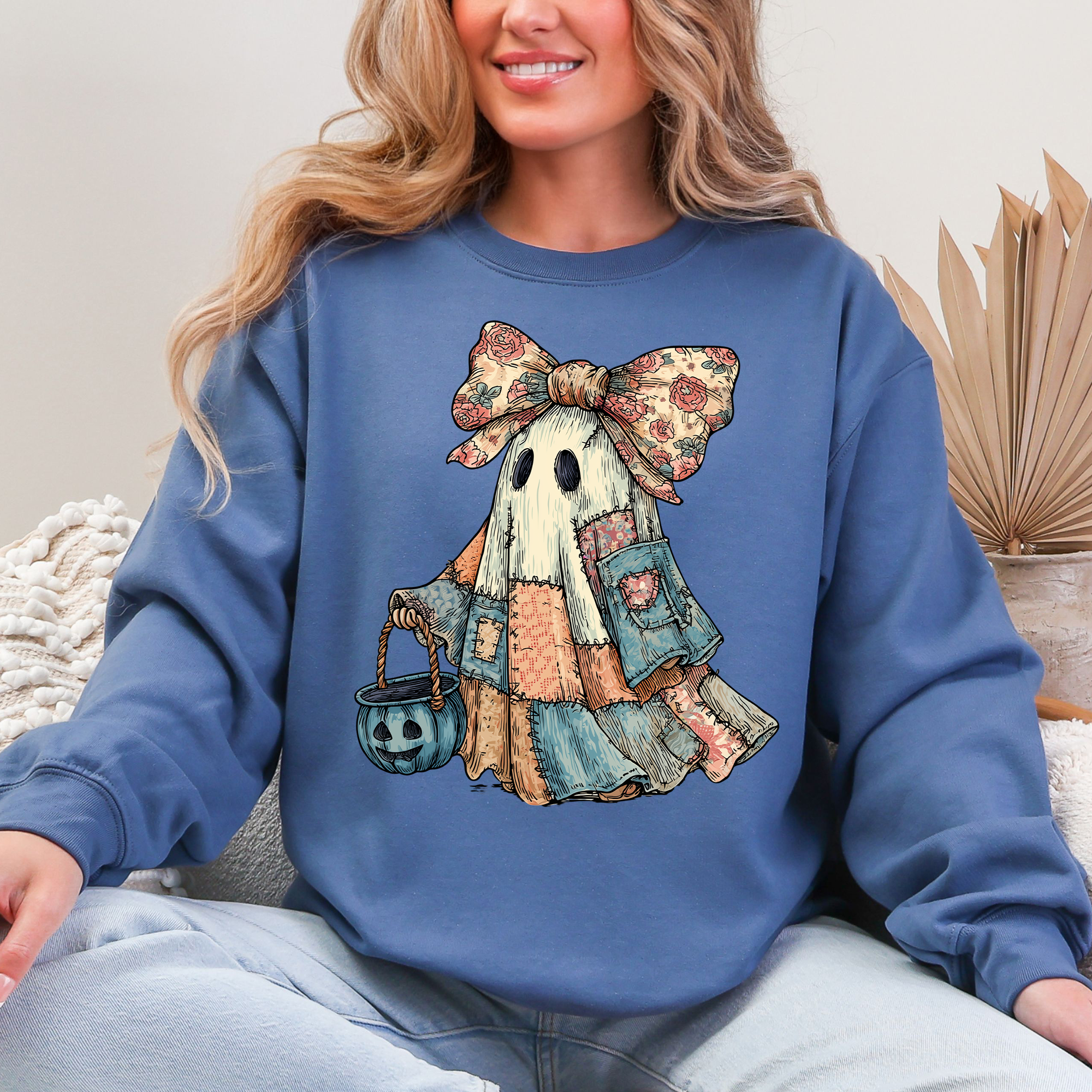 Retro Halloween Faux Denim Ghost Patchwork Spooky Ghost Coquette Boo Pumpkin Spooky Season Sweatshirt