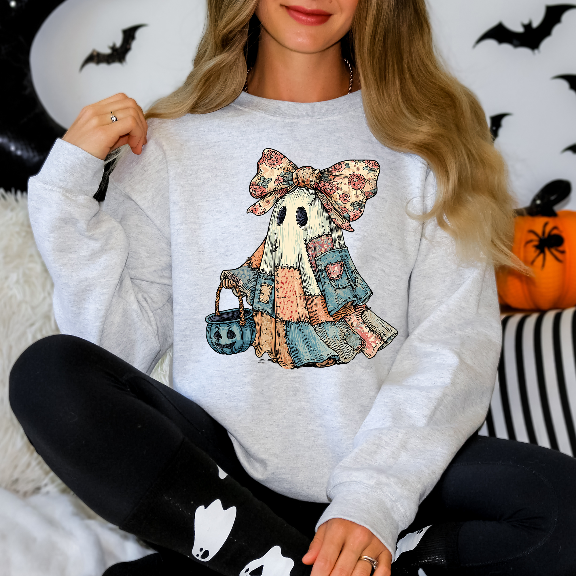 Retro Halloween Faux Denim Ghost Patchwork Spooky Ghost Coquette Boo Pumpkin Spooky Season Sweatshirt