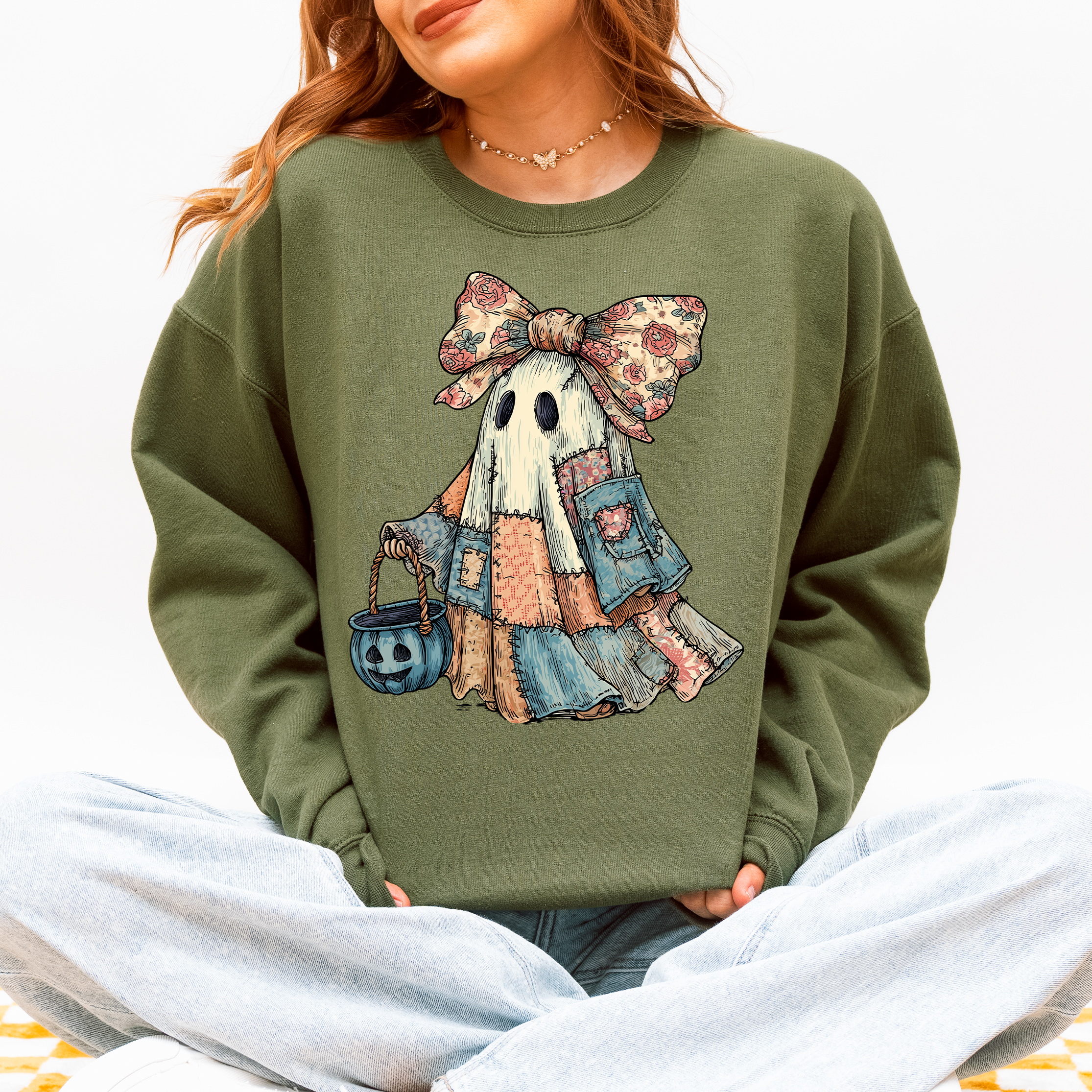 Retro Halloween Faux Denim Ghost Patchwork Spooky Ghost Coquette Boo Pumpkin Spooky Season Sweatshirt