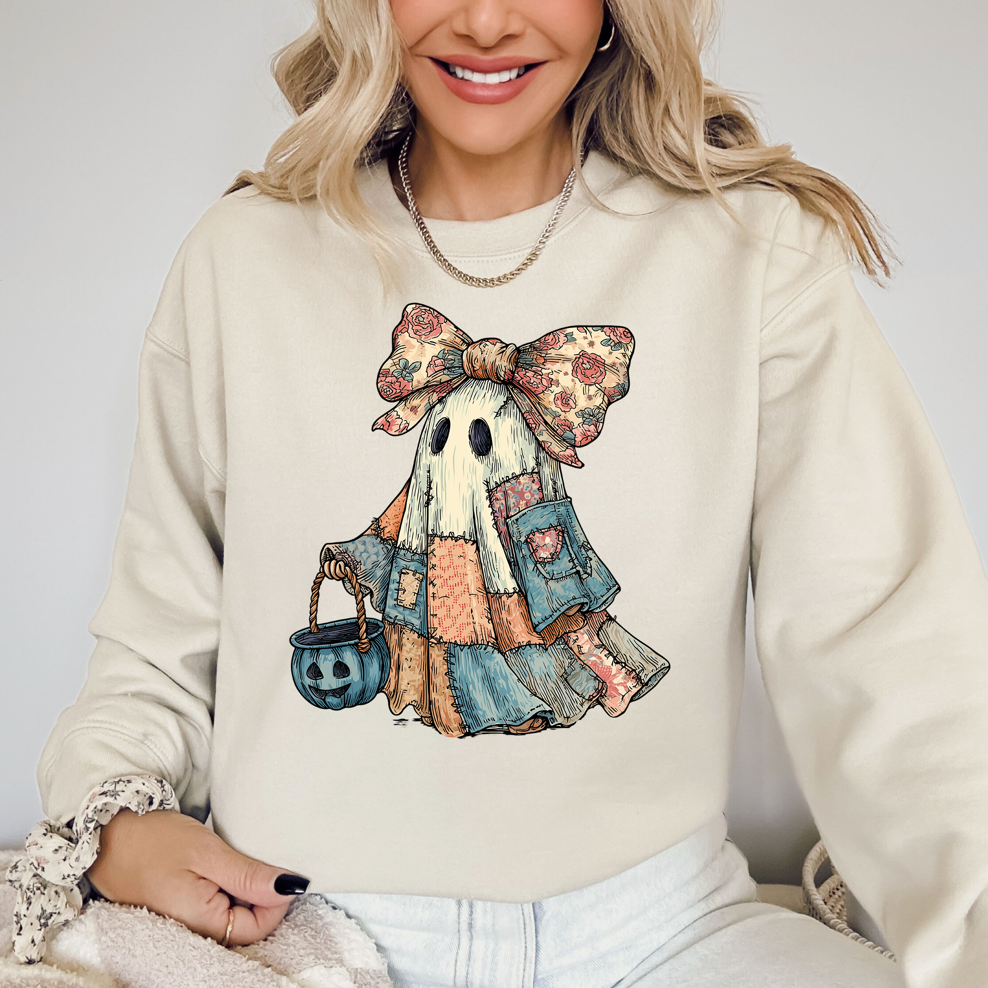 Retro Halloween Faux Denim Ghost Patchwork Spooky Ghost Coquette Boo Pumpkin Spooky Season Sweatshirt