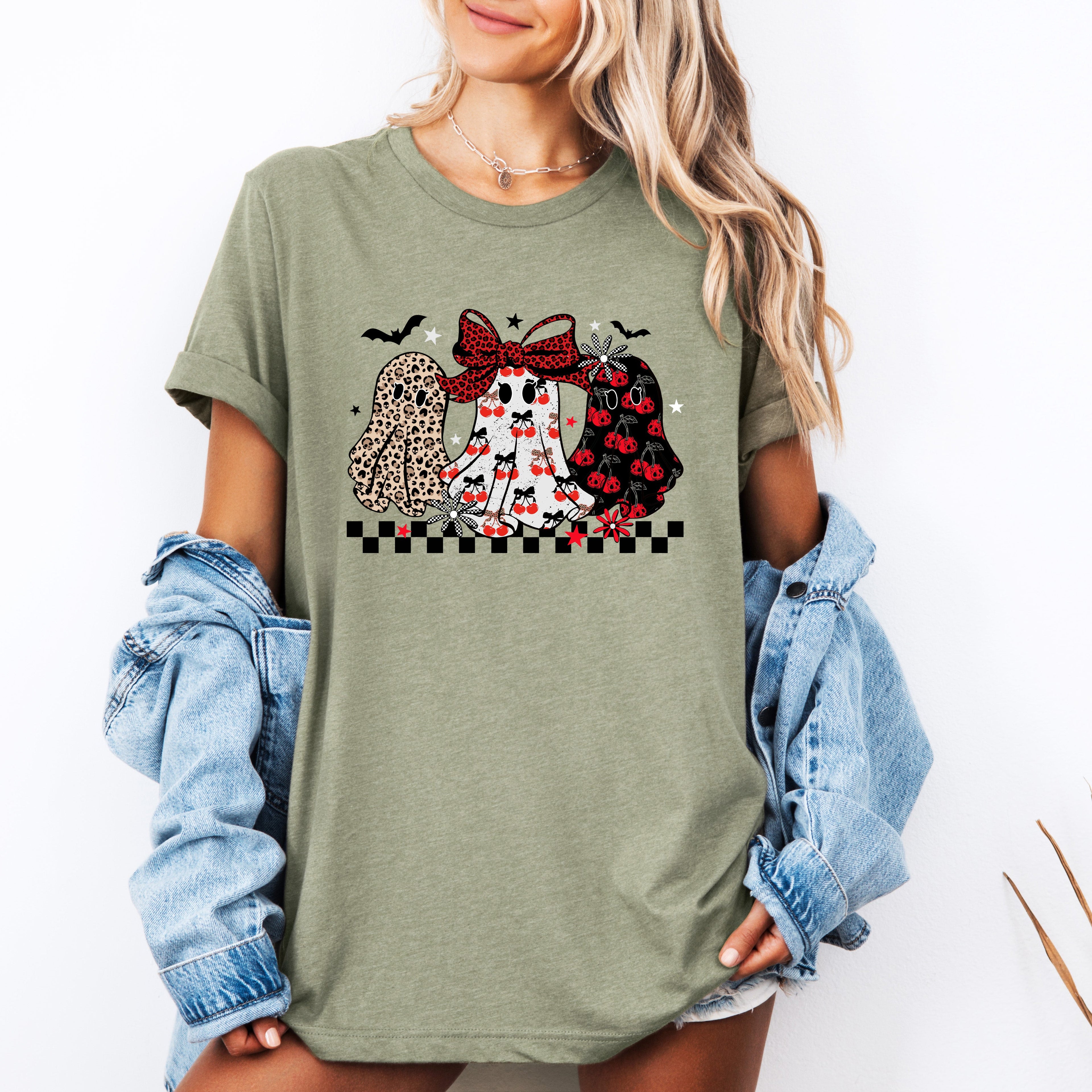 Retro Halloween Ghosts Checkered Pattern Vintage Playful Ghost Motif Graphic Tee