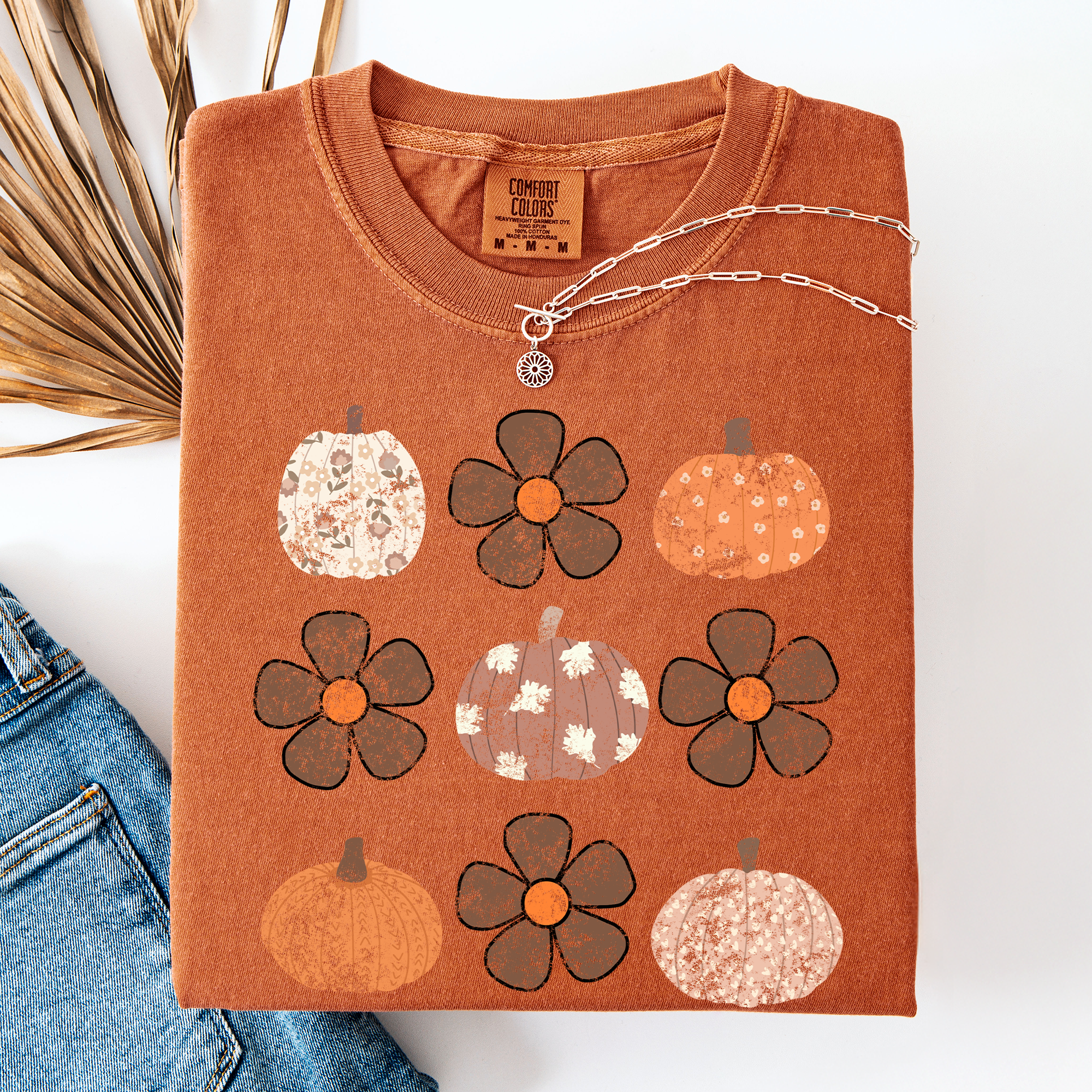 Retro Halloween Watercolor Floral Pumpkin Pattern Autumn Fall Comfort Colors Tee