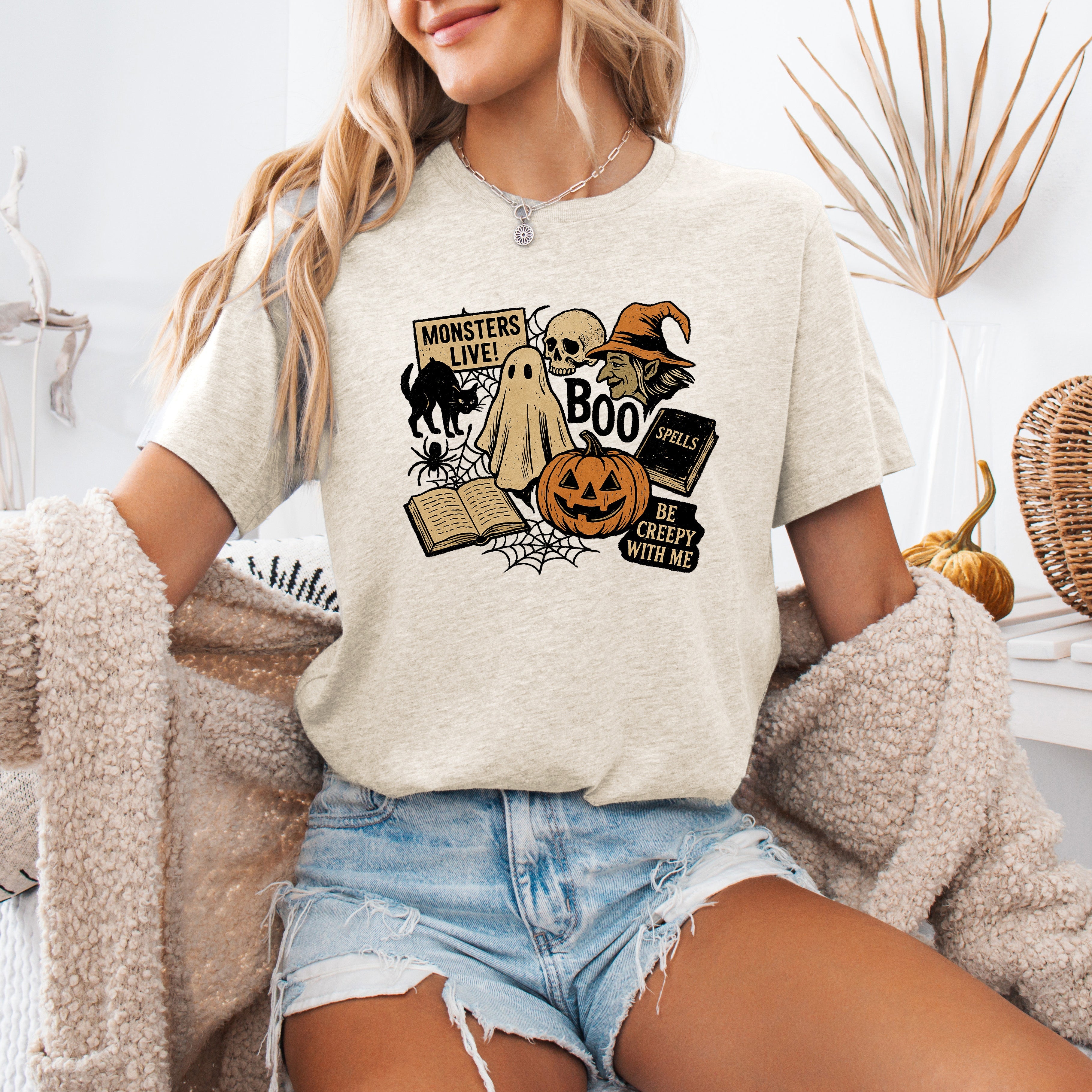 Retro Halloween Monsters Witch Creepy Checkered Pattern Ghosts Bats Bold Graphic Tee