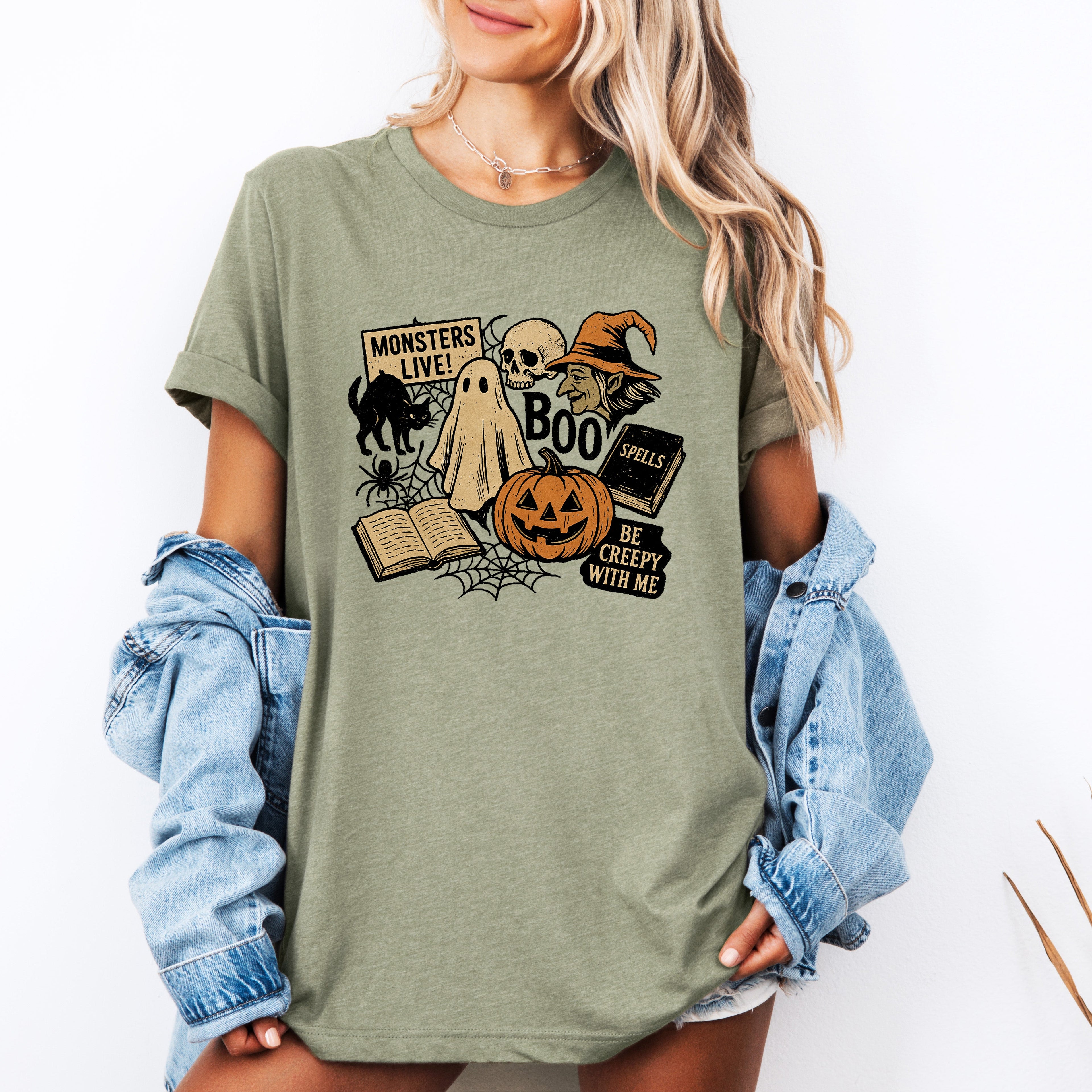 Retro Halloween Monsters Witch Creepy Checkered Pattern Ghosts Bats Bold Graphic Tee