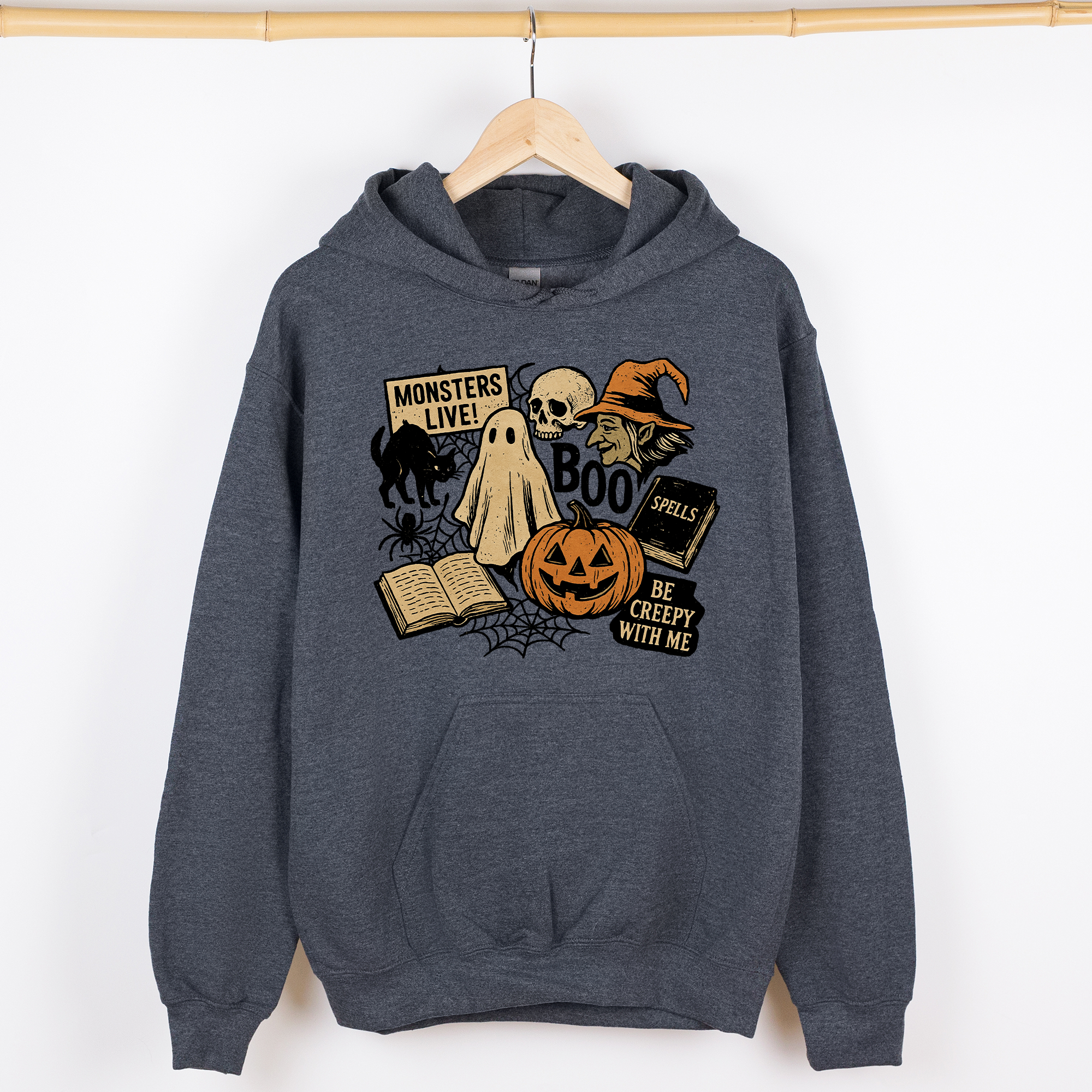 Retro Halloween Monsters Witch Creepy Reading Ghost Vintage Illustration Graphic Hoodie