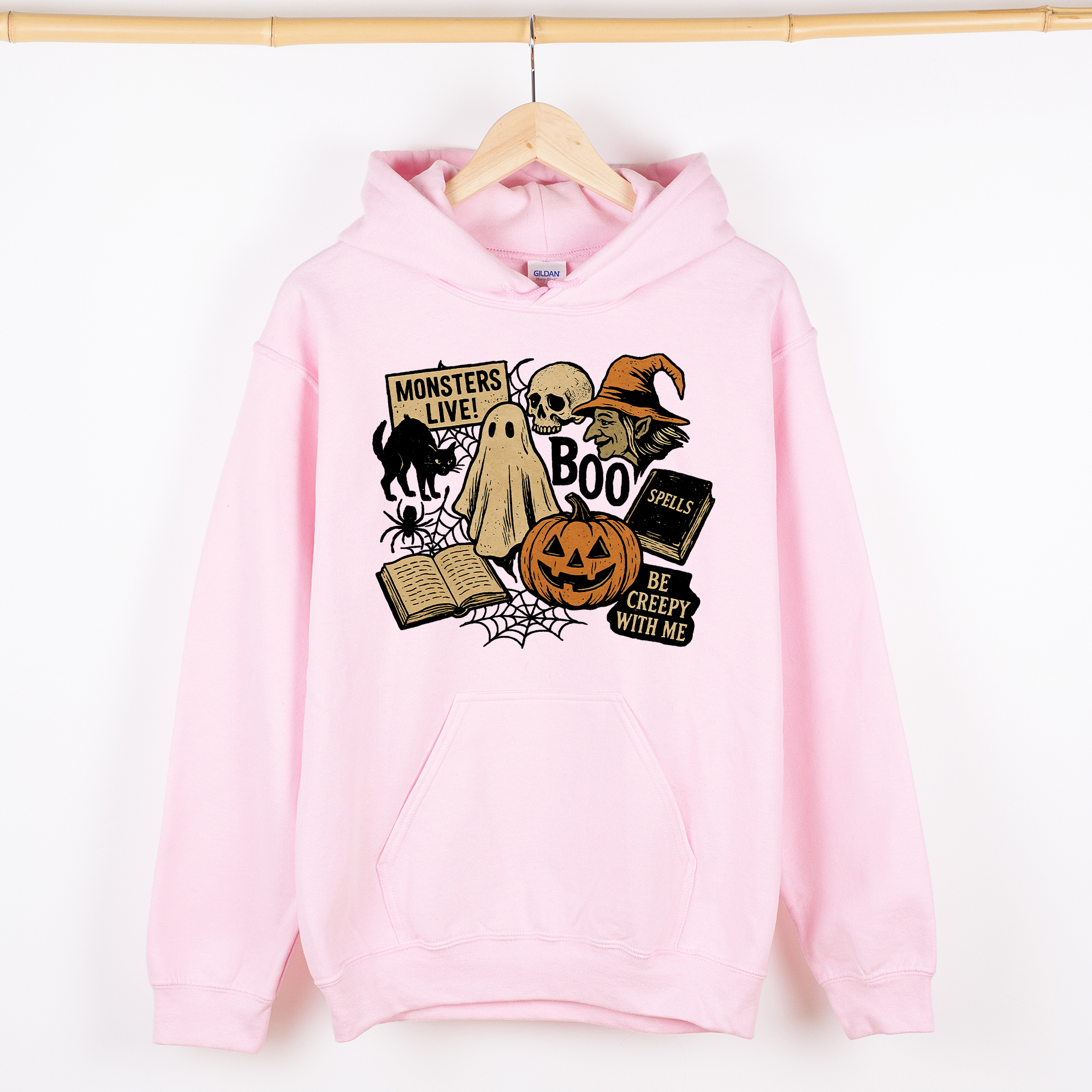 Retro Halloween Monsters Witch Creepy Reading Ghost Vintage Illustration Graphic Hoodie