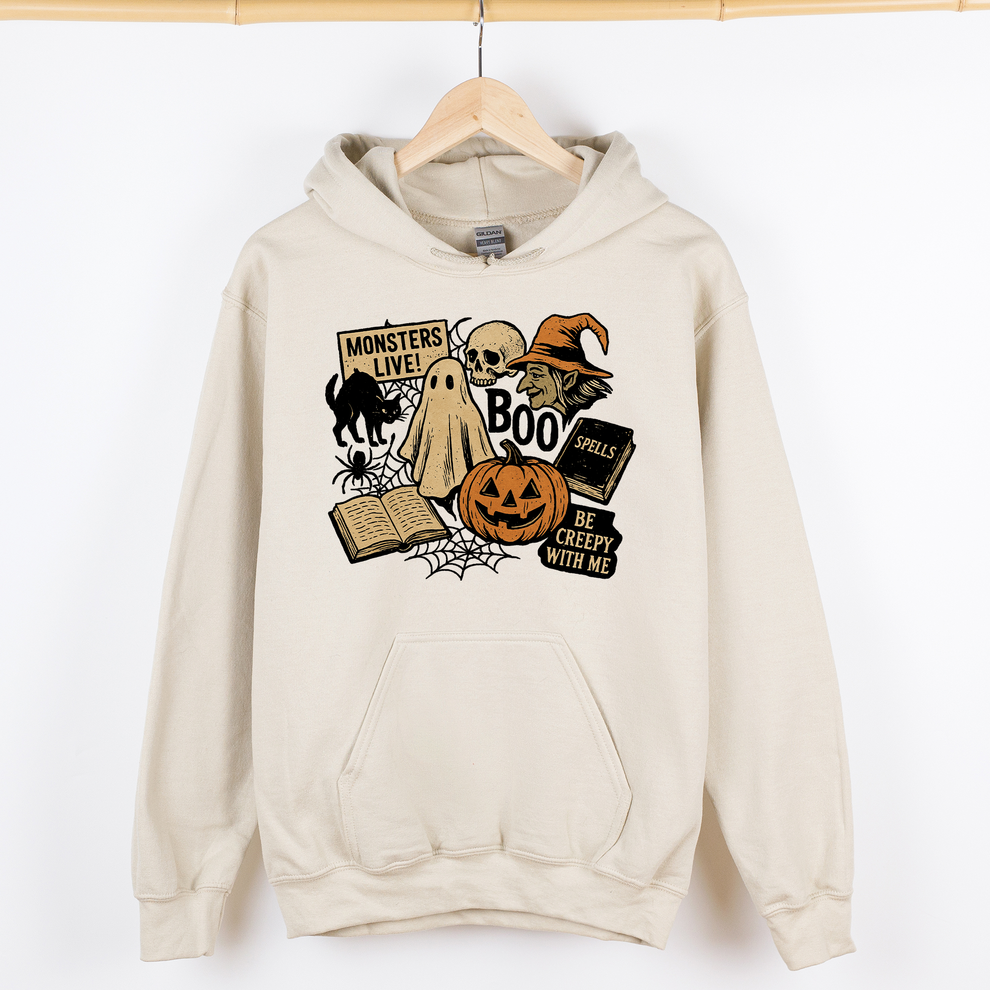 Retro Halloween Monsters Witch Creepy Reading Ghost Vintage Illustration Graphic Hoodie