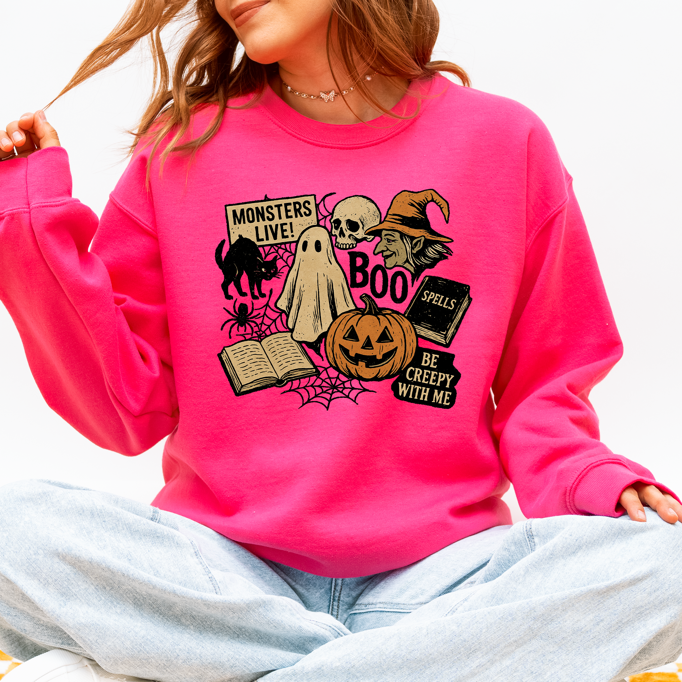Retro Halloween Monsters Witch Creepy Vintage Nightfall Edition Classic Spooky Motifs And Nostalgic Sweatshirt