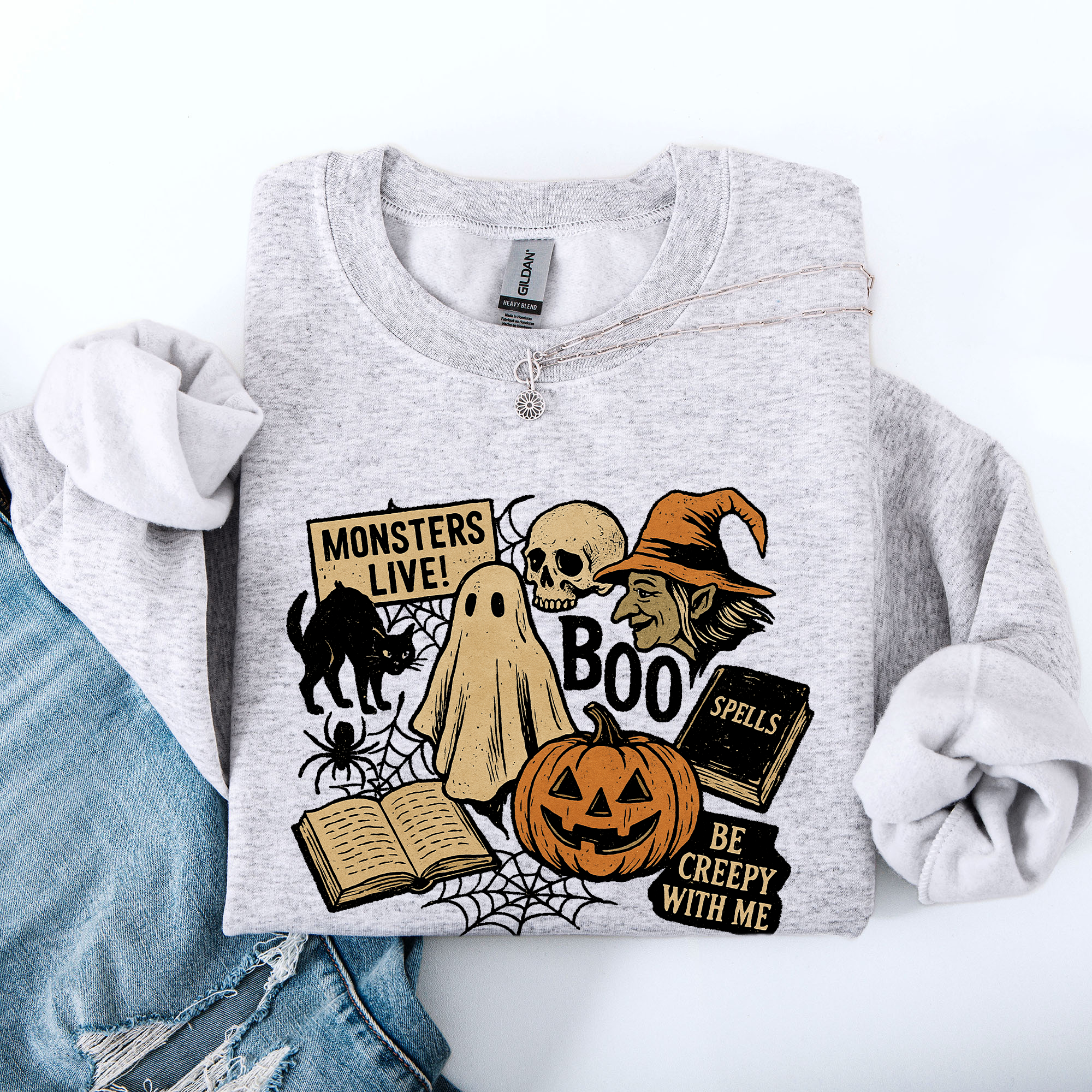 Retro Halloween Monsters Witch Creepy Vintage Nightfall Edition Classic Spooky Motifs And Nostalgic Sweatshirt