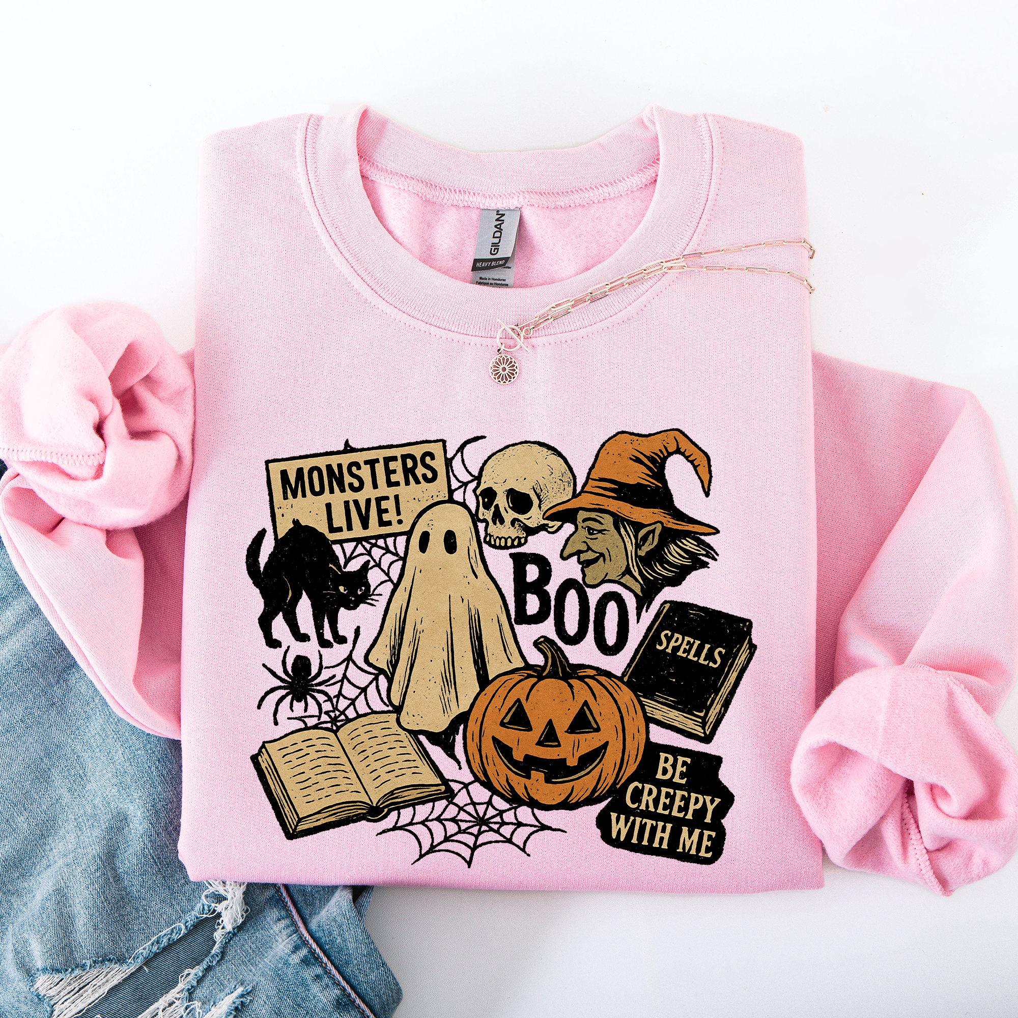 Retro Halloween Monsters Witch Creepy Vintage Nightfall Edition Classic Spooky Motifs And Nostalgic Sweatshirt