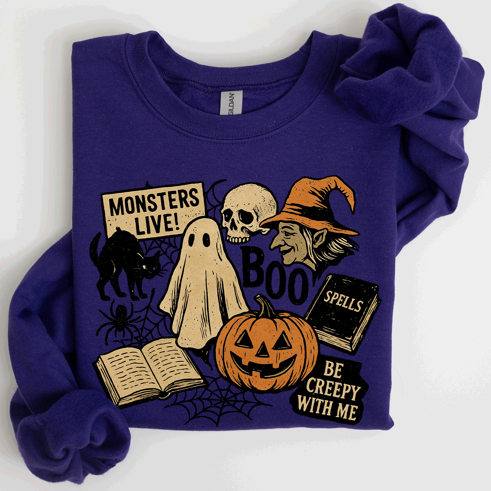 Retro Halloween Monsters Witch Creepy Vintage Nightfall Edition Classic Spooky Motifs And Nostalgic Sweatshirt