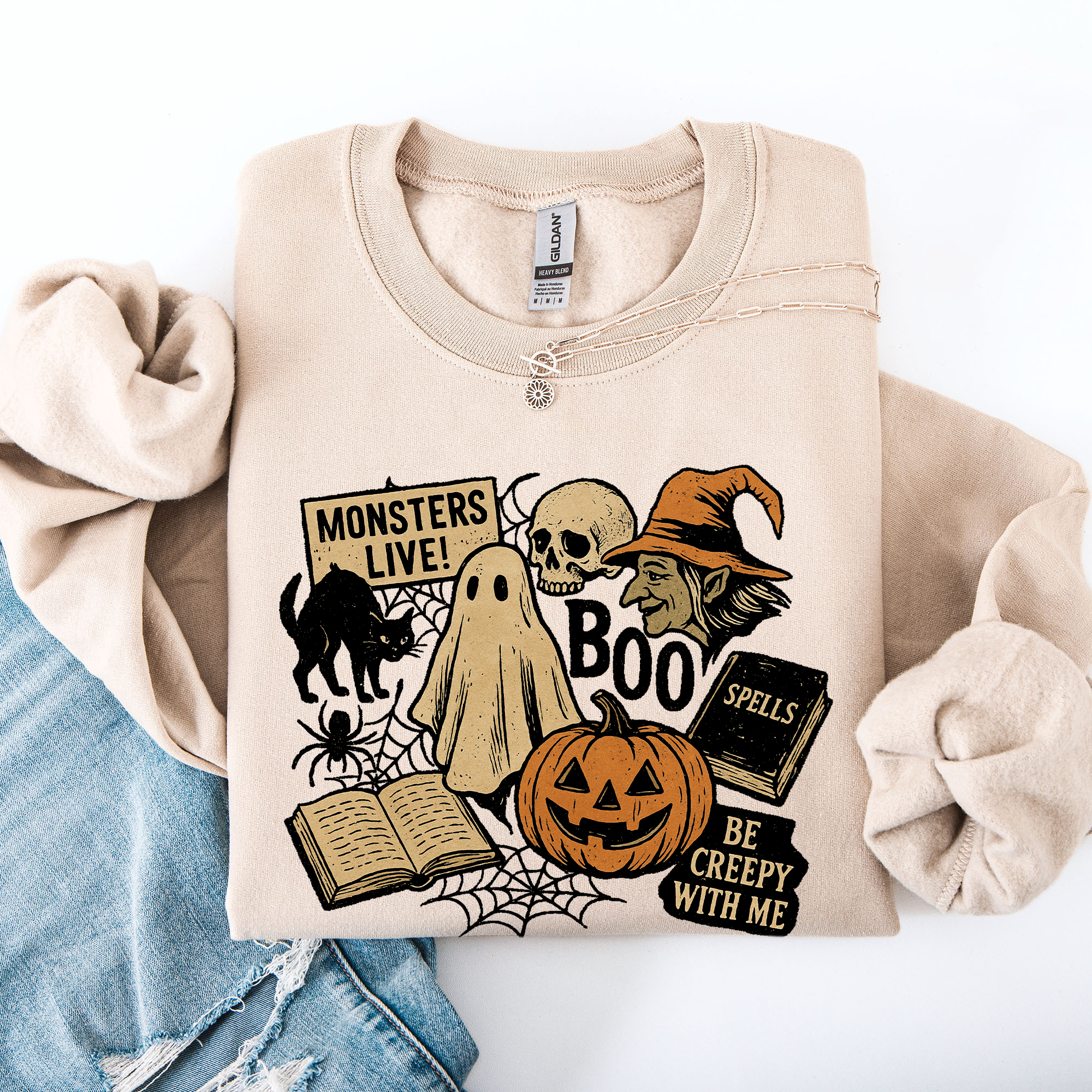 Retro Halloween Monsters Witch Creepy Vintage Nightfall Edition Classic Spooky Motifs And Nostalgic Sweatshirt