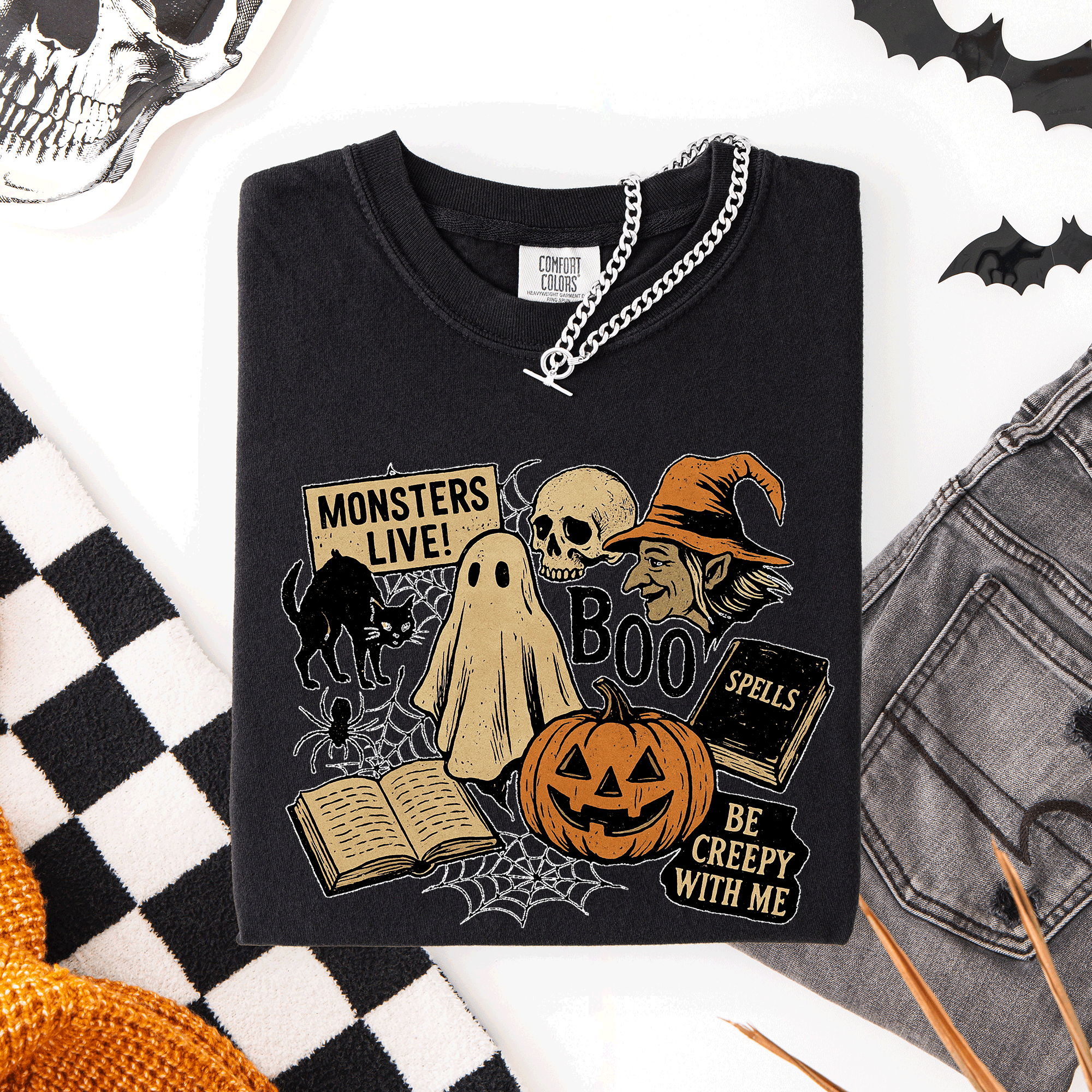 Retro Halloween Monsters Witch Creepy Vintage Style Spooktacular Comfort Colors Tee